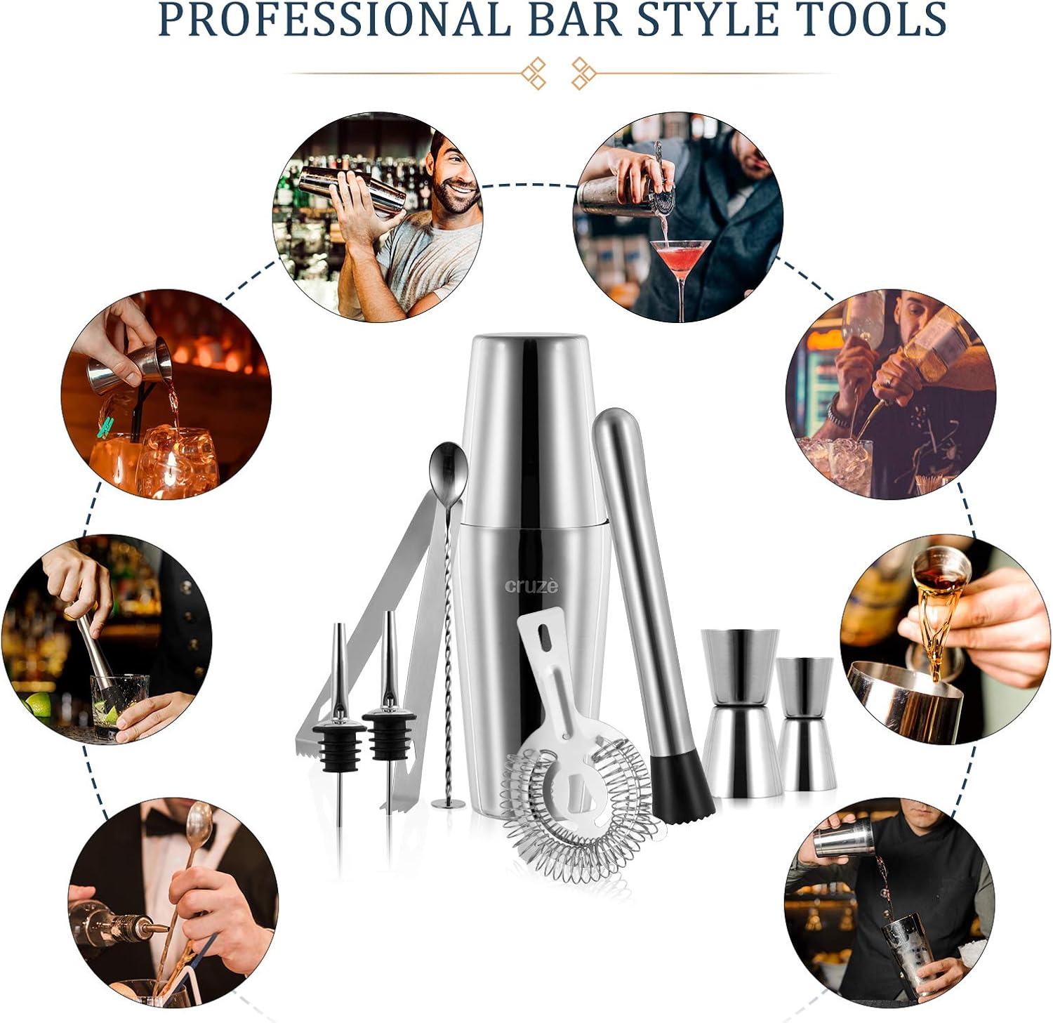 9-Piece Cocktail Shaker Set &ndash; 800Ml Boston Shaker Dual Jiggers Muddler Bar Spoon Strainer Tongs & Pourers &ndash; Gift Box for Home Entertaining image number 3