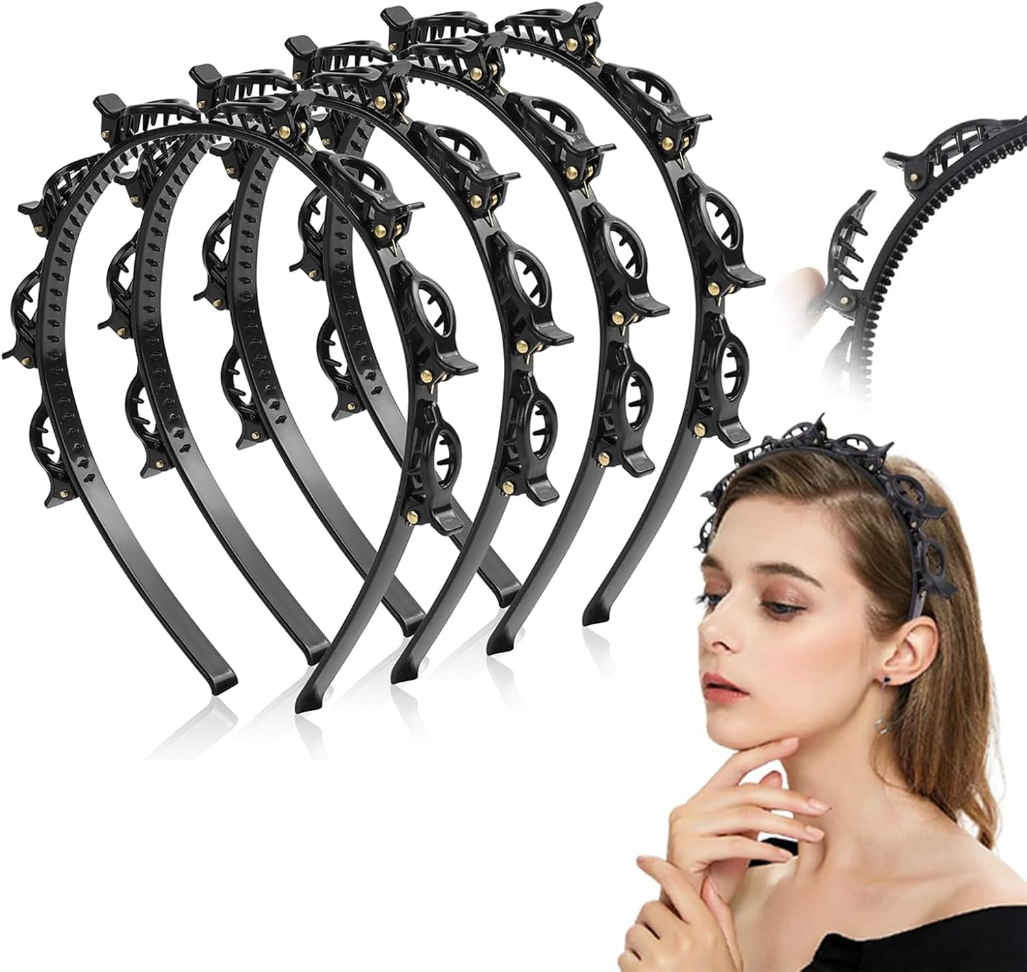 Pack of 6 Premium Hair Bands with Girls, Headbands with Clips Hold for Pony & Curls Twist Styling Headband for Women & Girls Headband with Safety Clips in Black image number 4