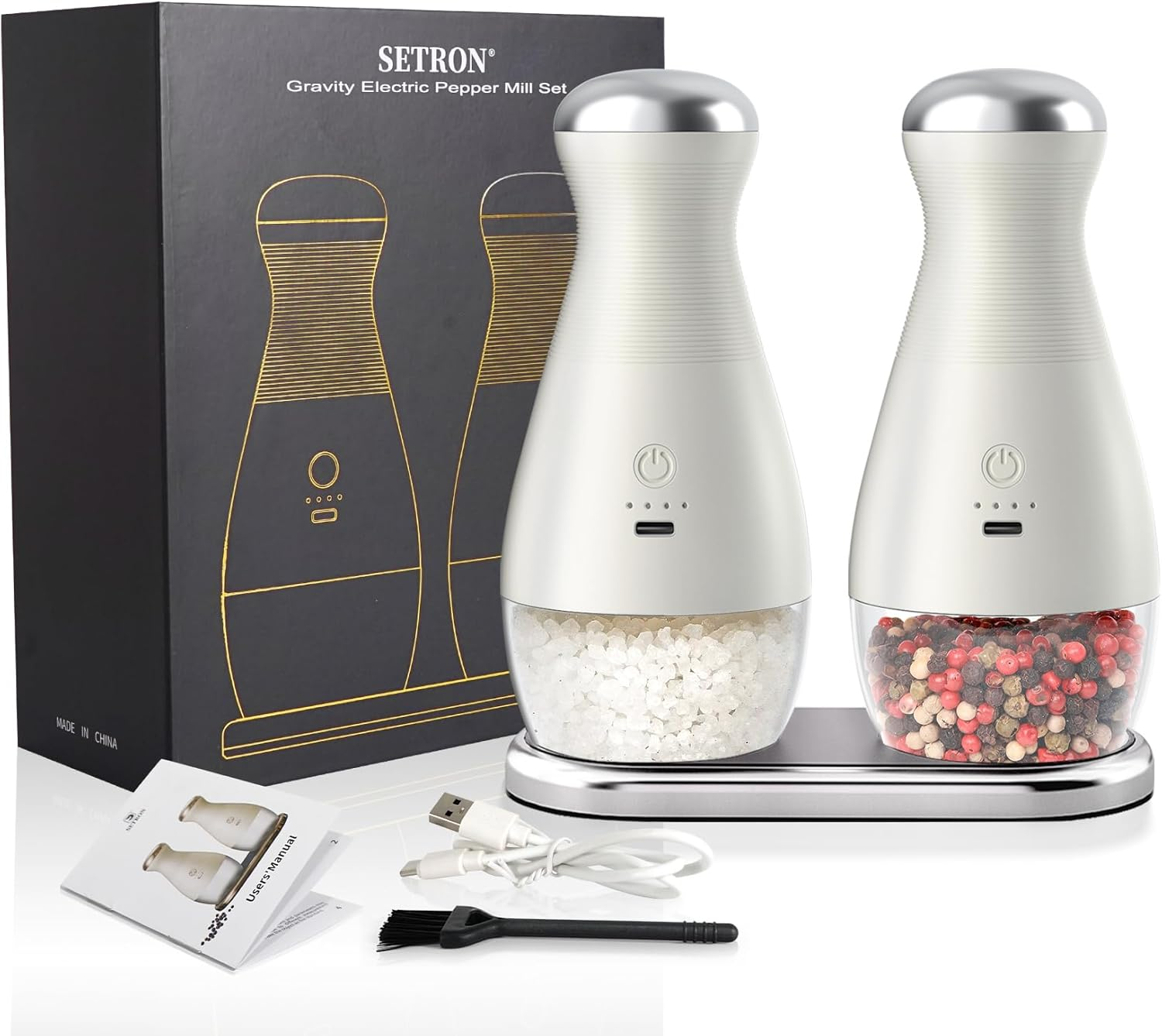 Gravity Electric Salt and Pepper Grinder Set, Adjustable Coarseness Rechargeable Automatic Pepper and Salt Mills One Handed Operation 2Pcs,White image number 5
