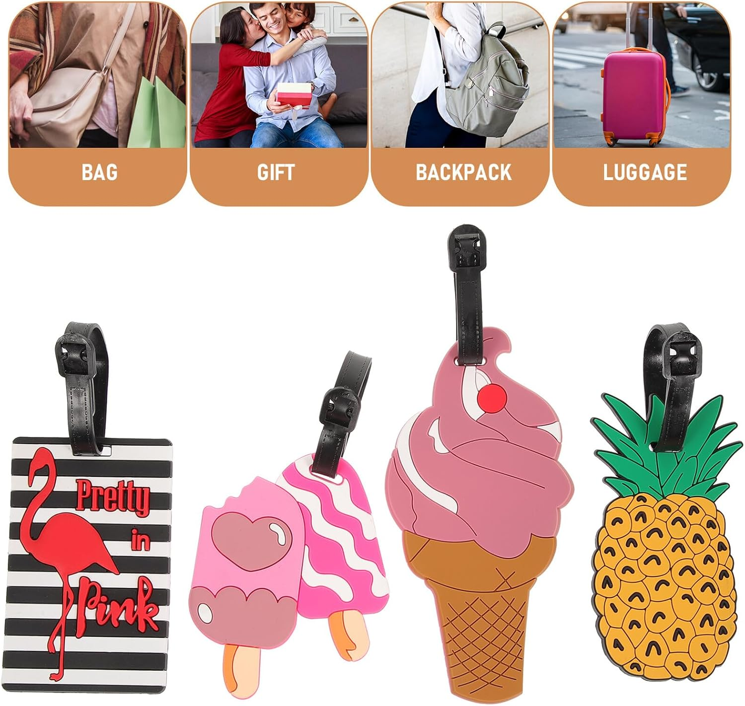 VERDANVERSE 10Pcs Cartoon Fun Luggage Tags Soft PVC Travel Suitcase Identification Tags with Flamingo, Pineapple Ice Cream Designs for Women&rsquo;S Bag Carrying and Airport Use image number 3