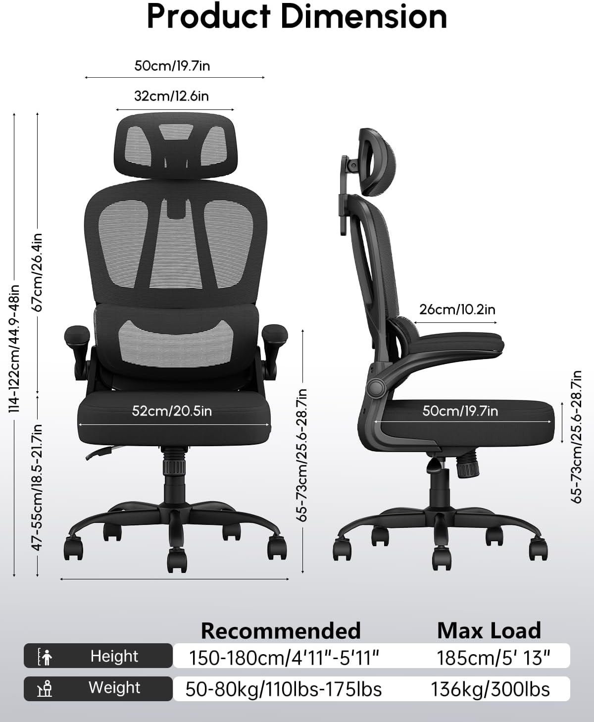 Office Chair, Ergonomic Office Chairs, Flip-Up Desk Chair for Adults, Mesh Computer Chair with Lumbar Support & Adjustable Headrest, High Back Home Office Task Chairs, Comfy, Study, All Black image number 5