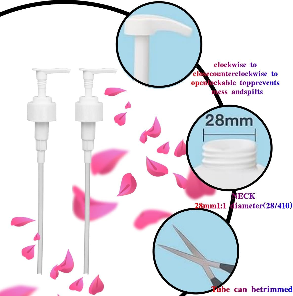 4 PCS Universal Shampoo/Conditioner Dispenser Pump,Ywbfove Leak Proof，Fits 1 L/33.8 Oz Bottles, 28/410 Neck Size,Replacement Bottle Pump Top for Soft Hair Product,Body Wash,Lotion(White)