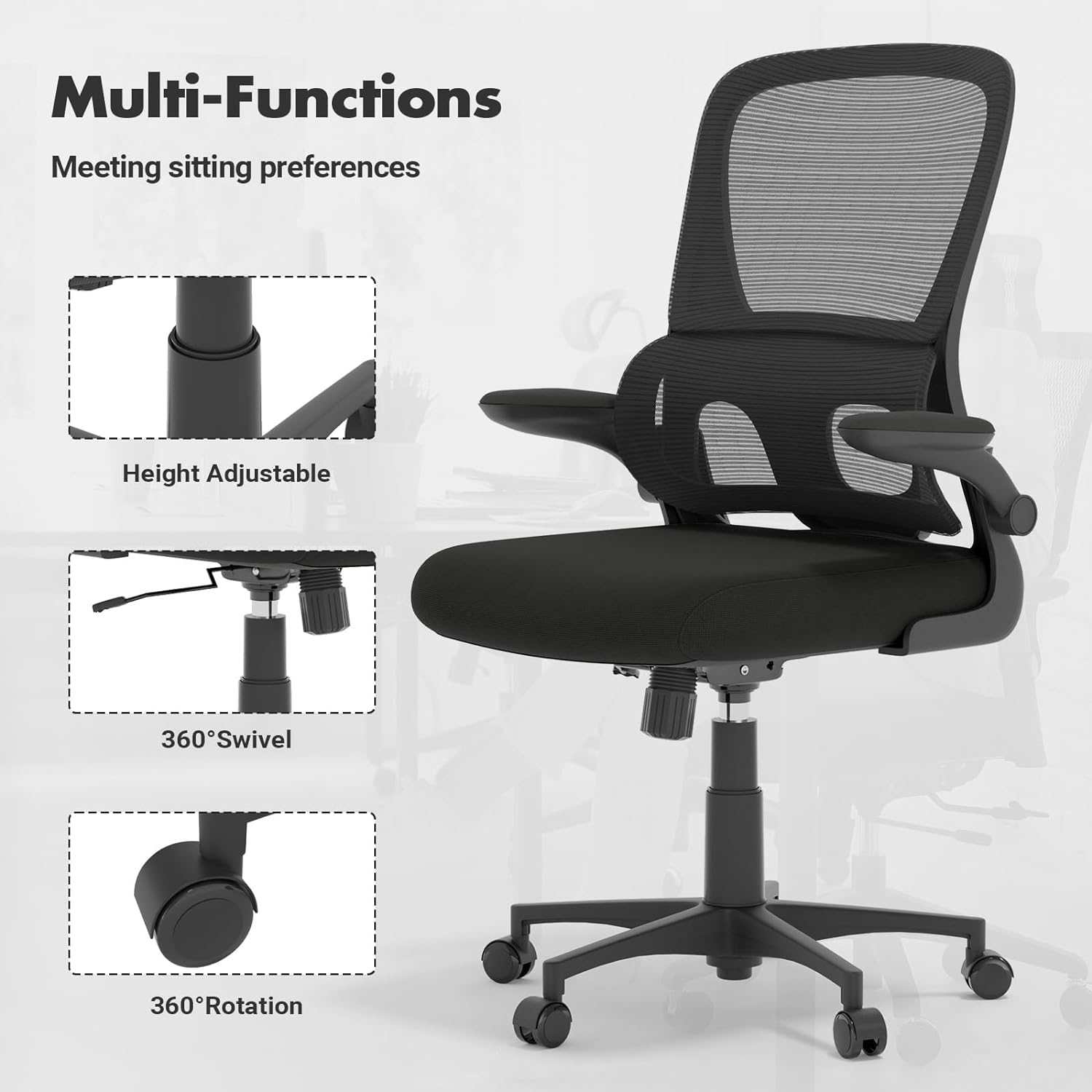 Advwin Ergonomic Office Chair - Mesh Office Chair with Flip-Up Armrests, High Back Desk Chair Swivel Computer Chair, Height Adjustable & Rocking Study Chair Task Chair for Home Office Black - Black 2 image number 3