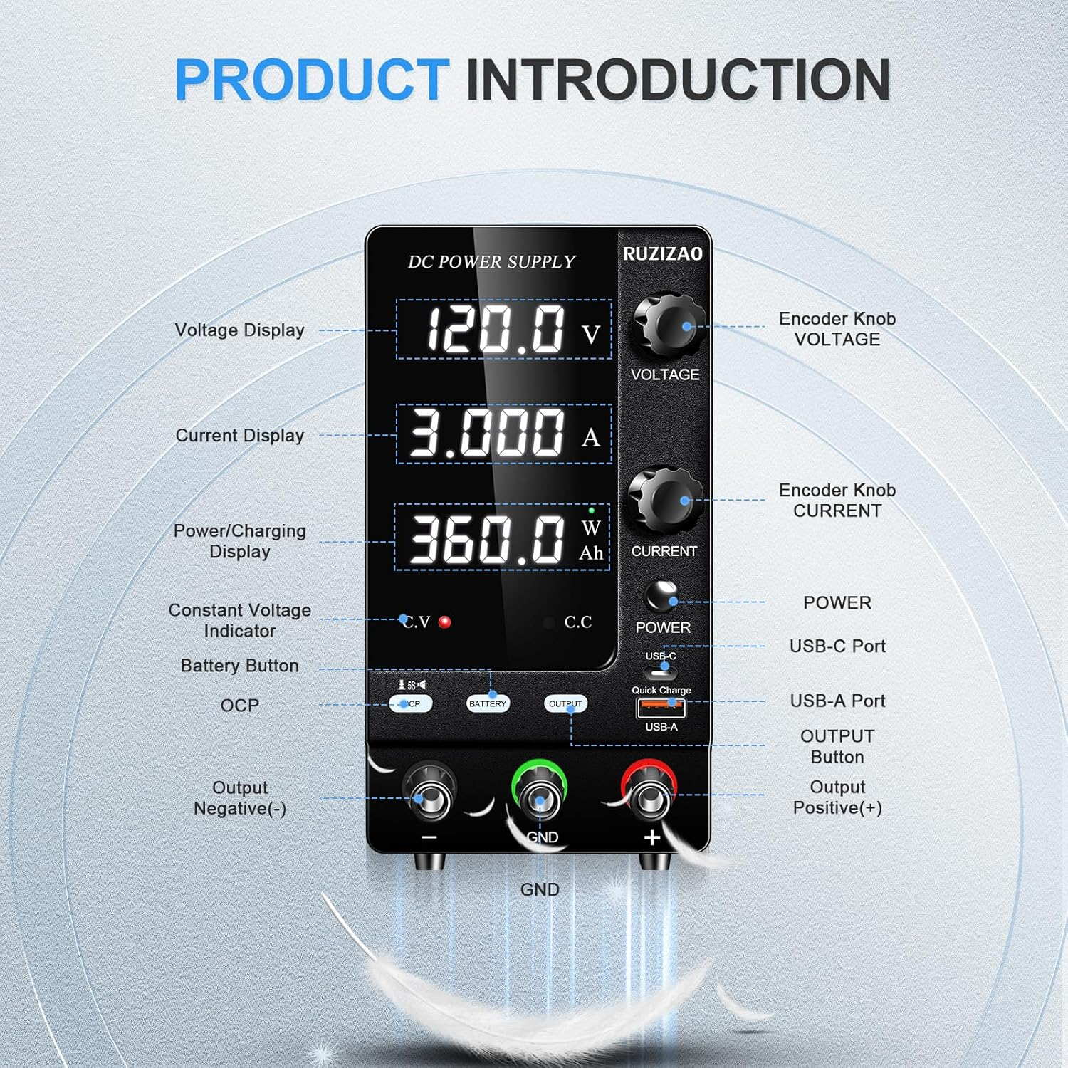 DC Power Supply Variable 120V 3A,360W Encoder Adjustable 1V~100V Lifepo4 Lithium Ion Etc. Battery Charger Regulated Lab Bench Power Supply Output Switch/Ocp Function/Quick Charge Port(Ac 220V) image number 5