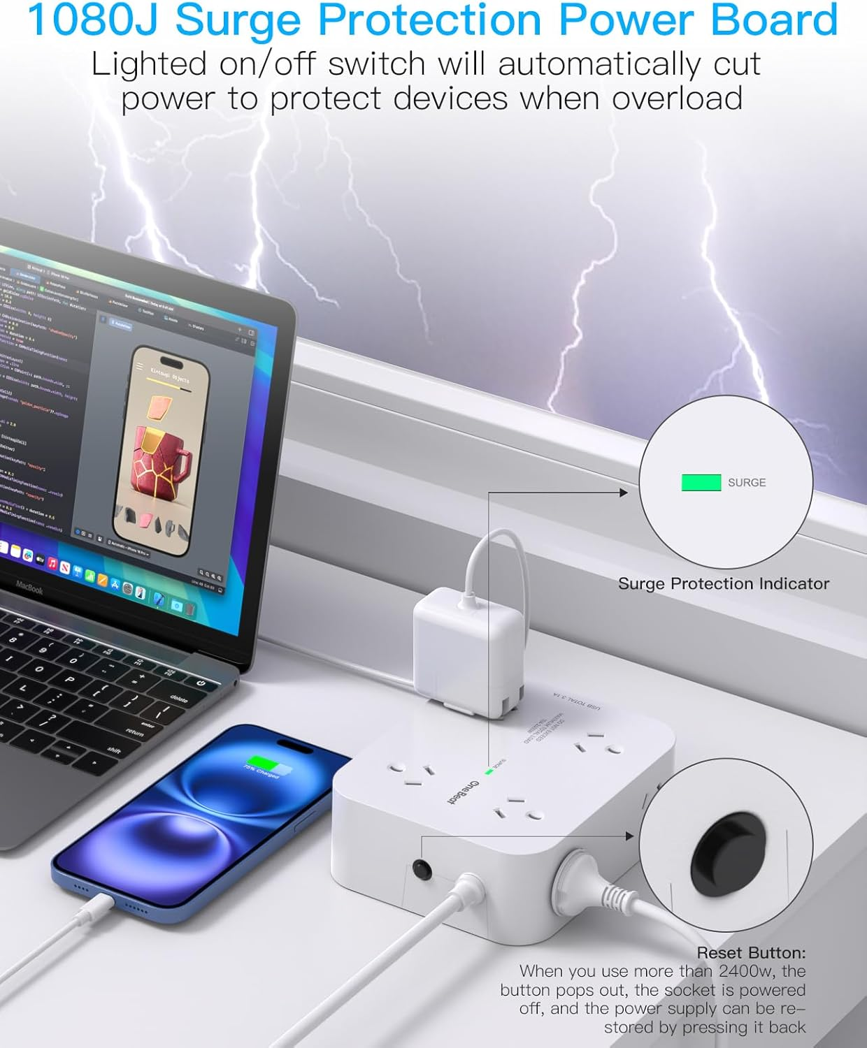 Power Board Surge Protected, 8 Outlets with 4 USB (2 USB C) Charging Ports, Multi Plug Outlet Extender,1.2M Extension Cord, Flat Plug Wall Mount Desk Charging Station for Home Office Dorm