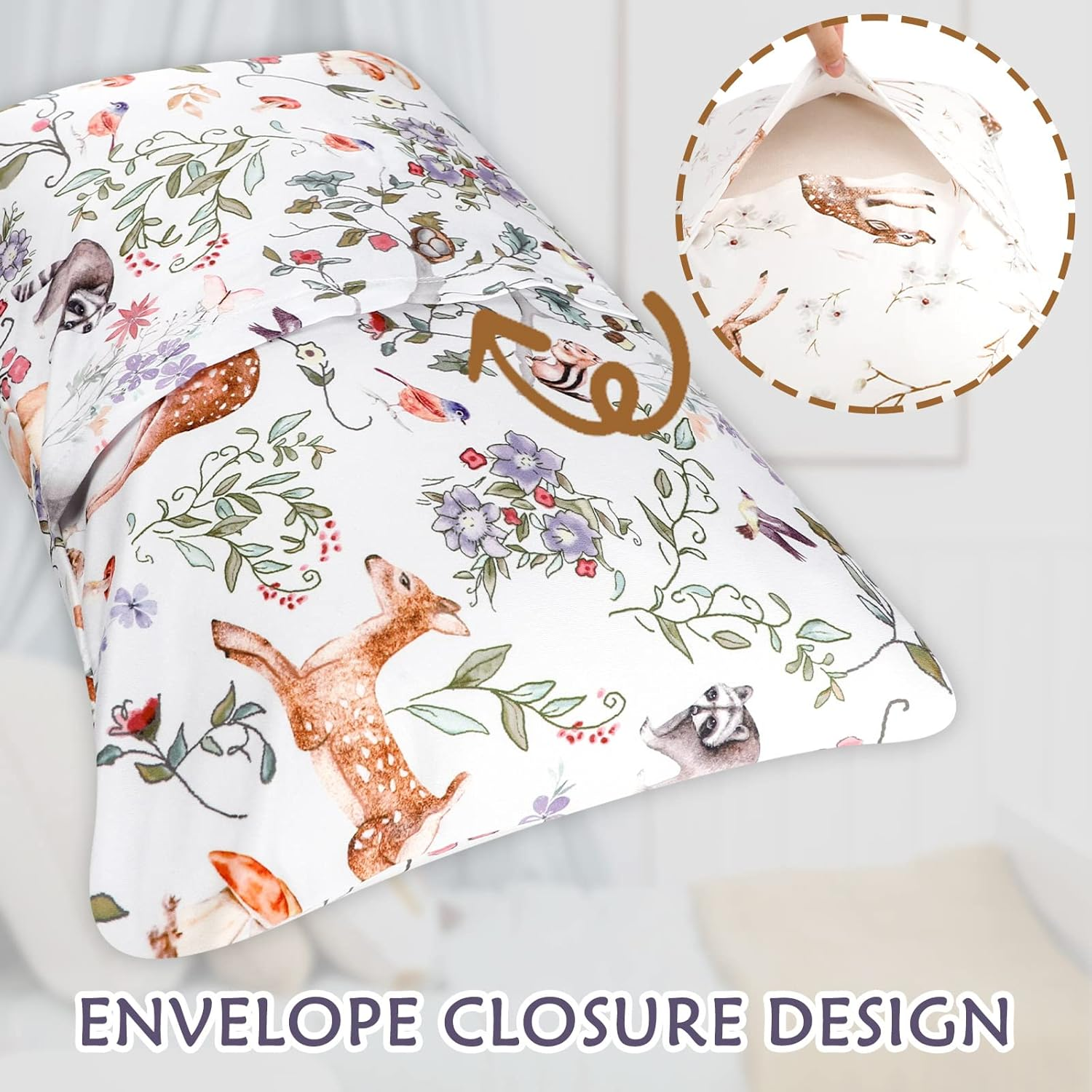 CARUILI 2 Pack Toddler Pillowcases Fit 14 X19, 14 X 20 Iches Kids Pillow, Soft & Breathable Small Pillow Cases for Kids Boys Girls, Envelope Closure Travel Pillow Cover, Woodland Animal image number 2