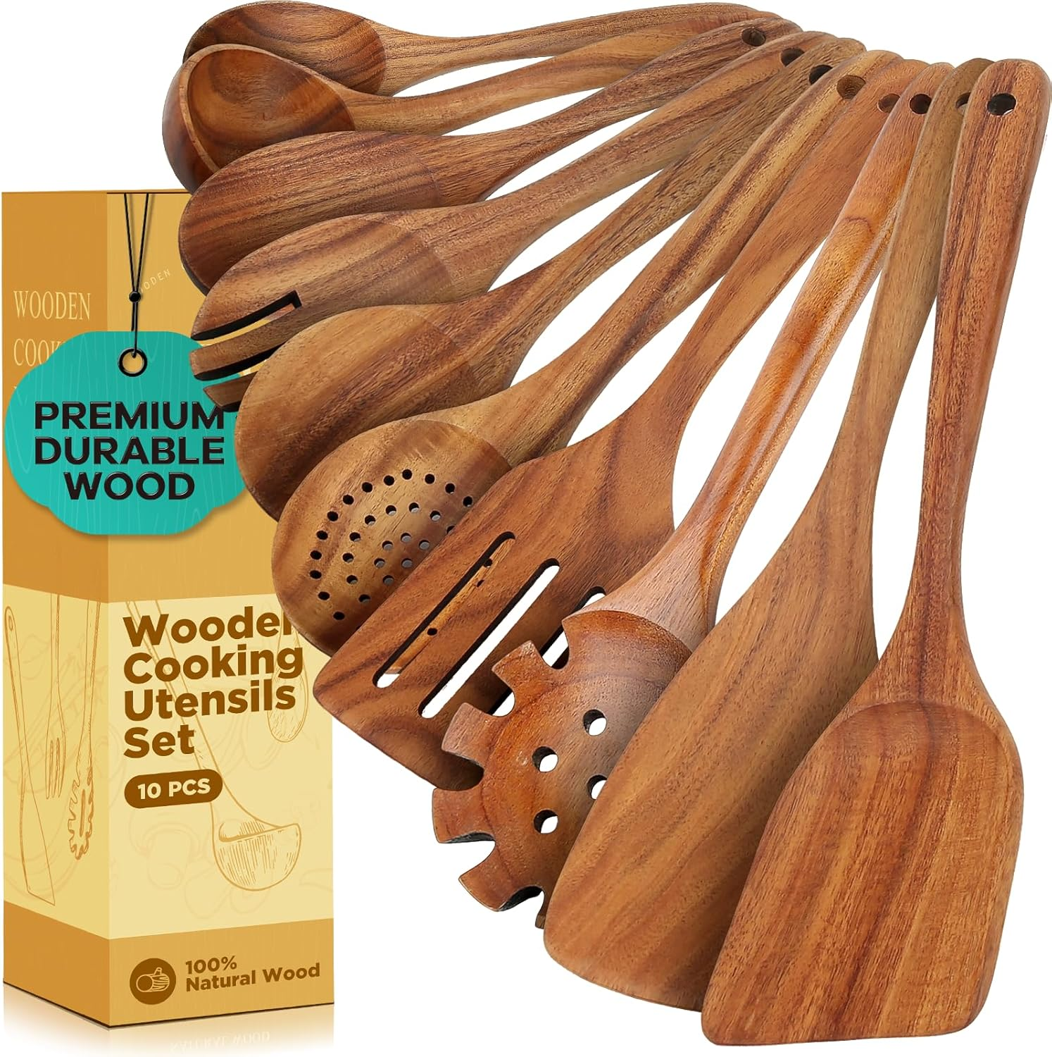 Teak Wooden Kitchen Utensil Set - Non-Toxic Wood Cooking Utensils, Wood Utensils, Wooden Utensil Set (10PCS), Heat-Resistant for Home Kitchen image number 3