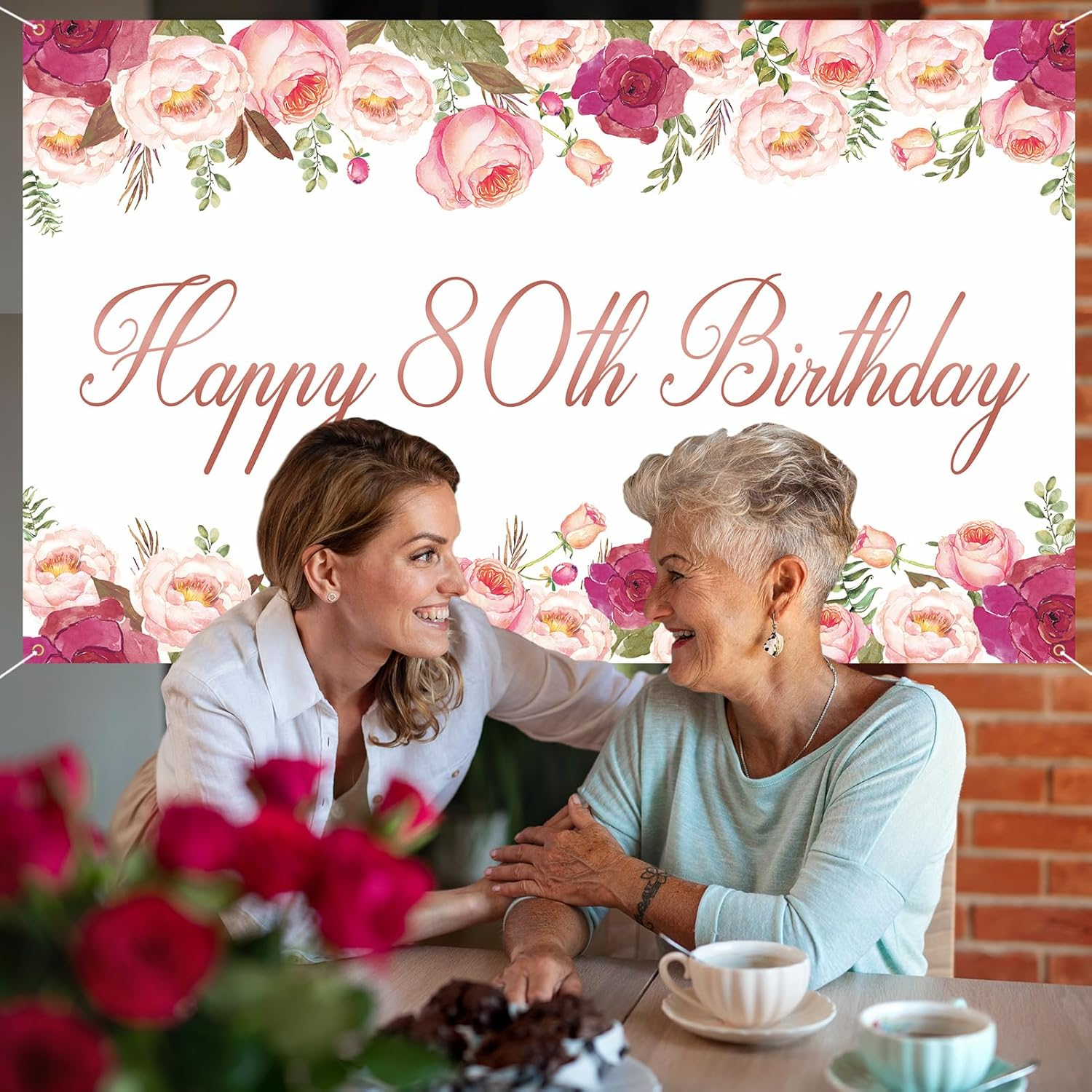 Vlipoeasn Elegant White Happy 80Th Birthday Decorations for Women Rose Gold Flower Peony Photography Backdrop for 80Th Birthday Party Surprise for Mother Cheers to 80 Years Old Birthday Party Supplies