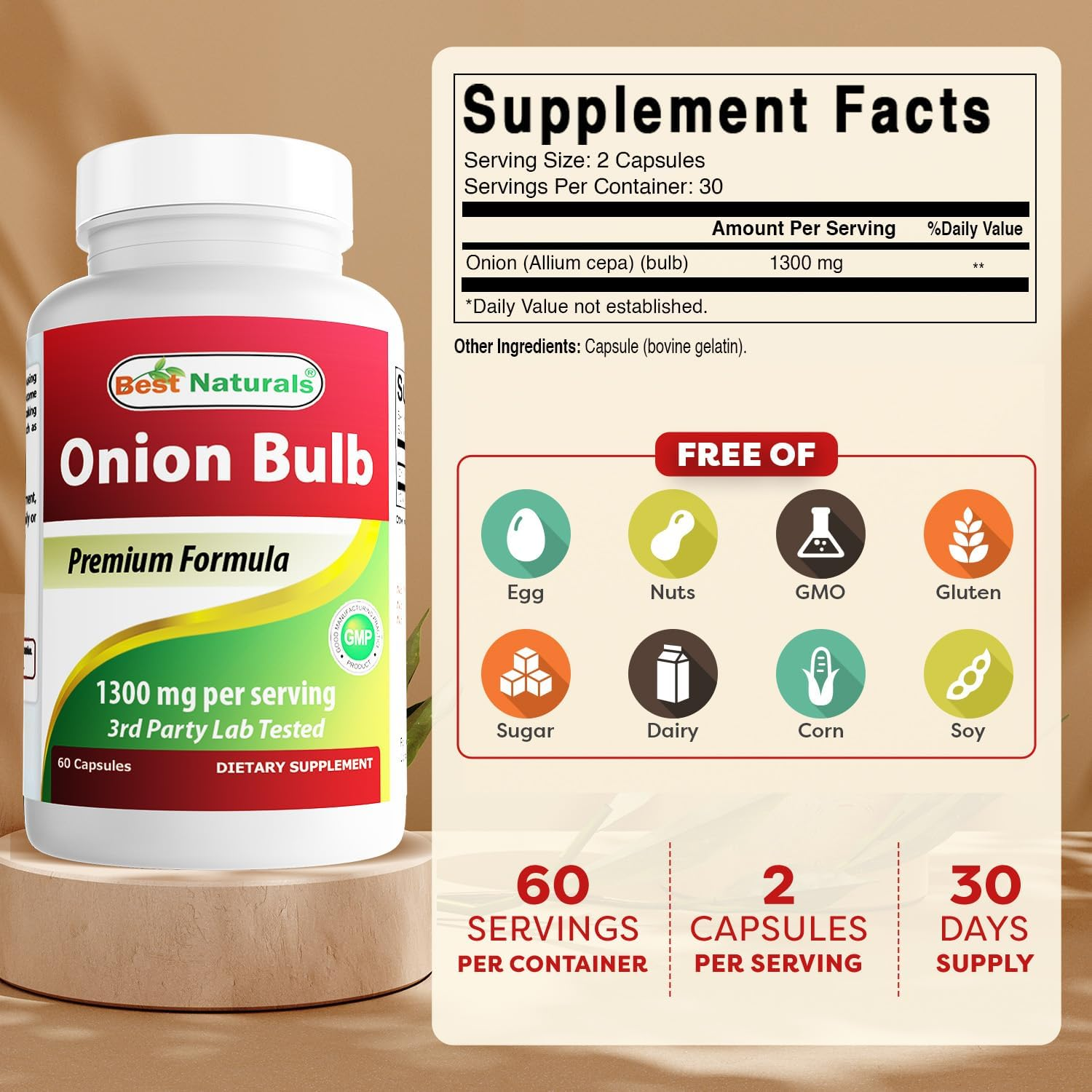 Best Naturals Onion Dried Bulb 1300Mg per Serving - 60 Capsules - Also Called (Allium Cepa) image number 6