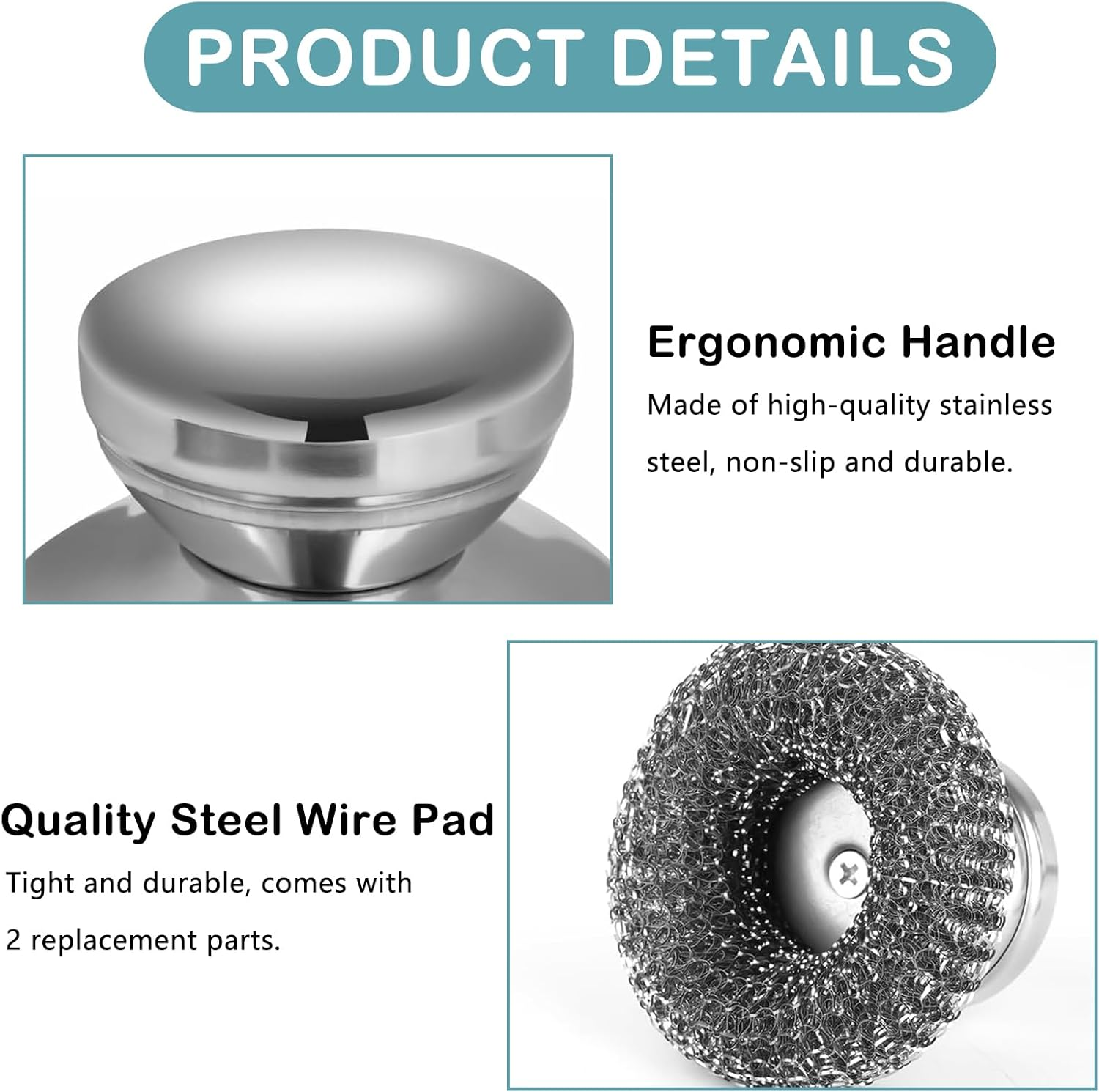 2Pcs Stainless Steel Scrubber with 2 Replacement Wire Pads, Steel Scrubber for Dishes with Stainless Steel Handle, Steel Wool Scrubber for Cleaning Dishes, Stock Pots, Pans, Griddles, and Grills image number 6