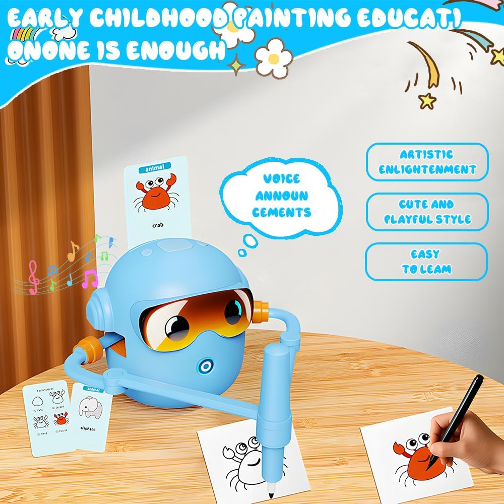 Drawing Robot for Kids,Interactive Educational Drawing Robot for Kids&ndash; Montessori Painting Learning Toys with 100 Word & 22 Pens, Interactive Voice Emo Robots for Boys & Girls Ages 3&ndash;9 (Blue) image number 3