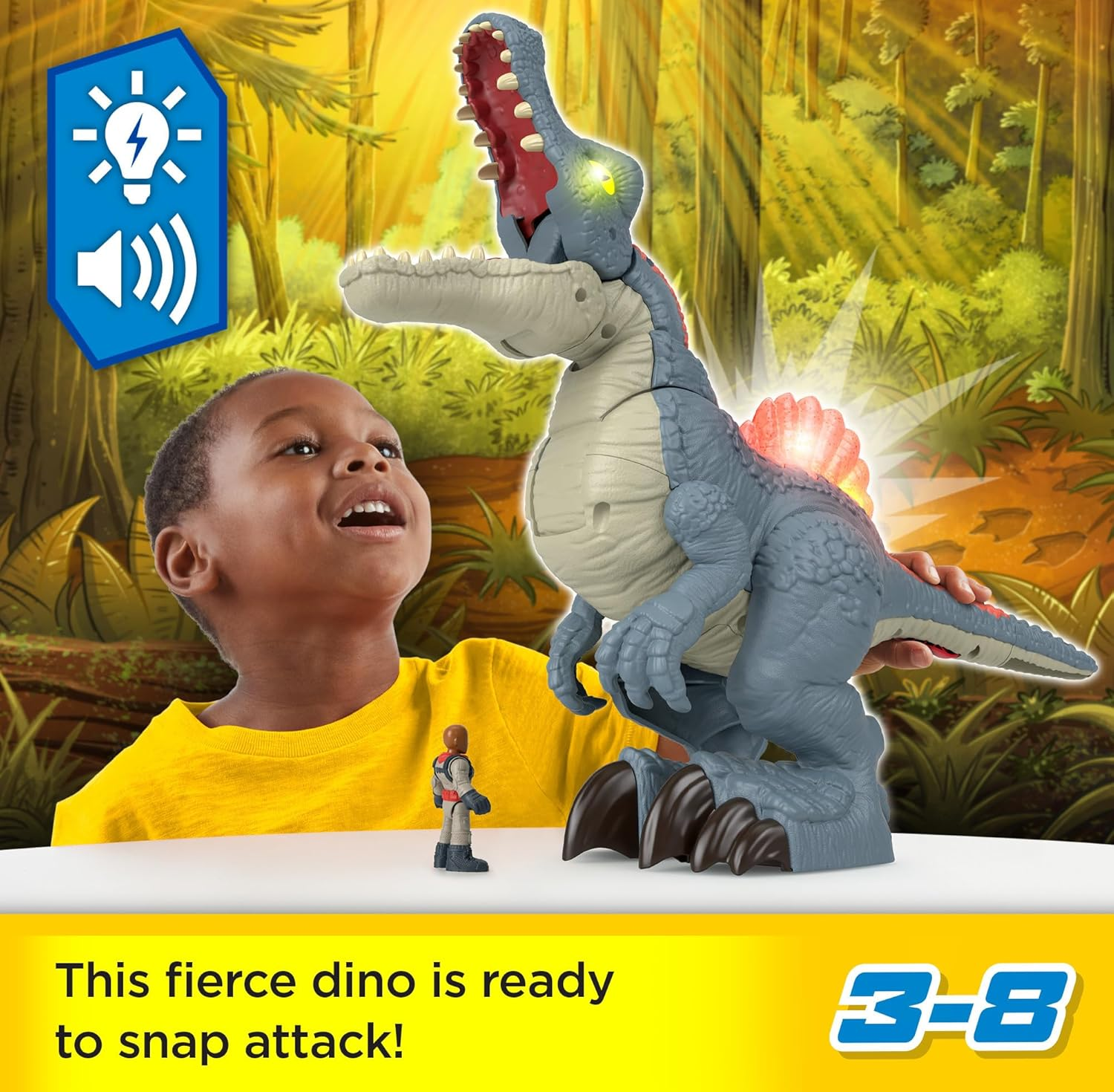 Imaginext Fisher-Price Imaginext Jurassic World Dinosaur Toy Ultra Snap Spinosaurus with Lights Sounds & Chomping Action plus Figure for Ages 3+ Years image number 5