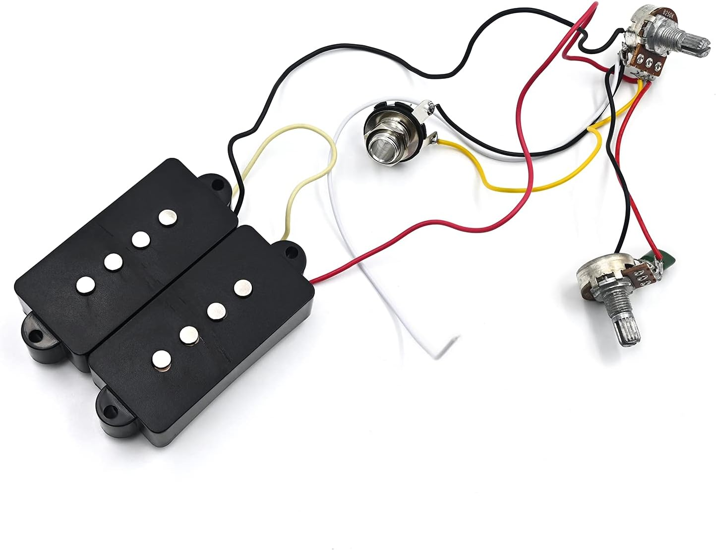 P Bass Humbucker Pickups Prewired Harness Set with 1T1V 1Jack, Variable Gauss Ceramic Traditional Precision 4 String Bass Pickups Set Compatible for PB Style Electric Bass, Black image number 1