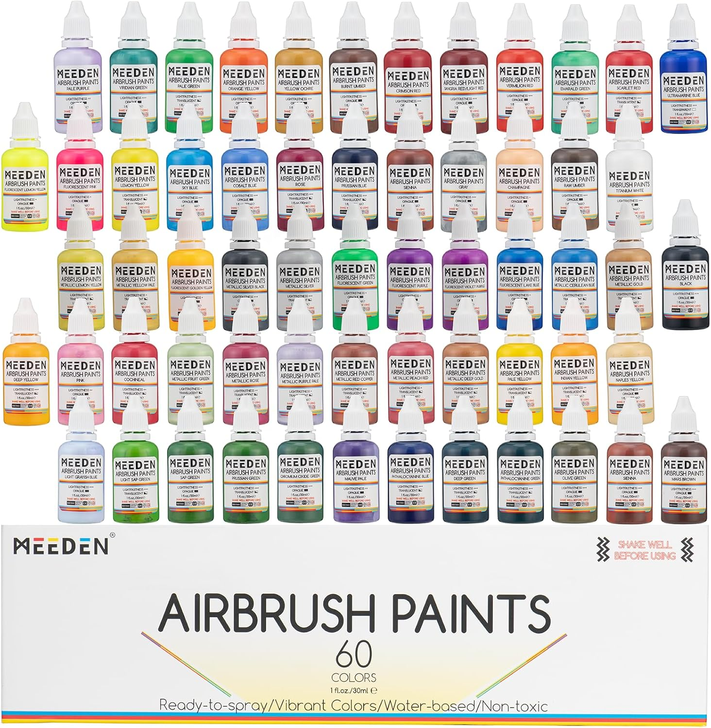 MEEDEN Acrylic Airbrush Paint for Model: Air Brush Spray Paint Set Including Fluorescent and Metallic Colors - 60 Colours X 30Ml