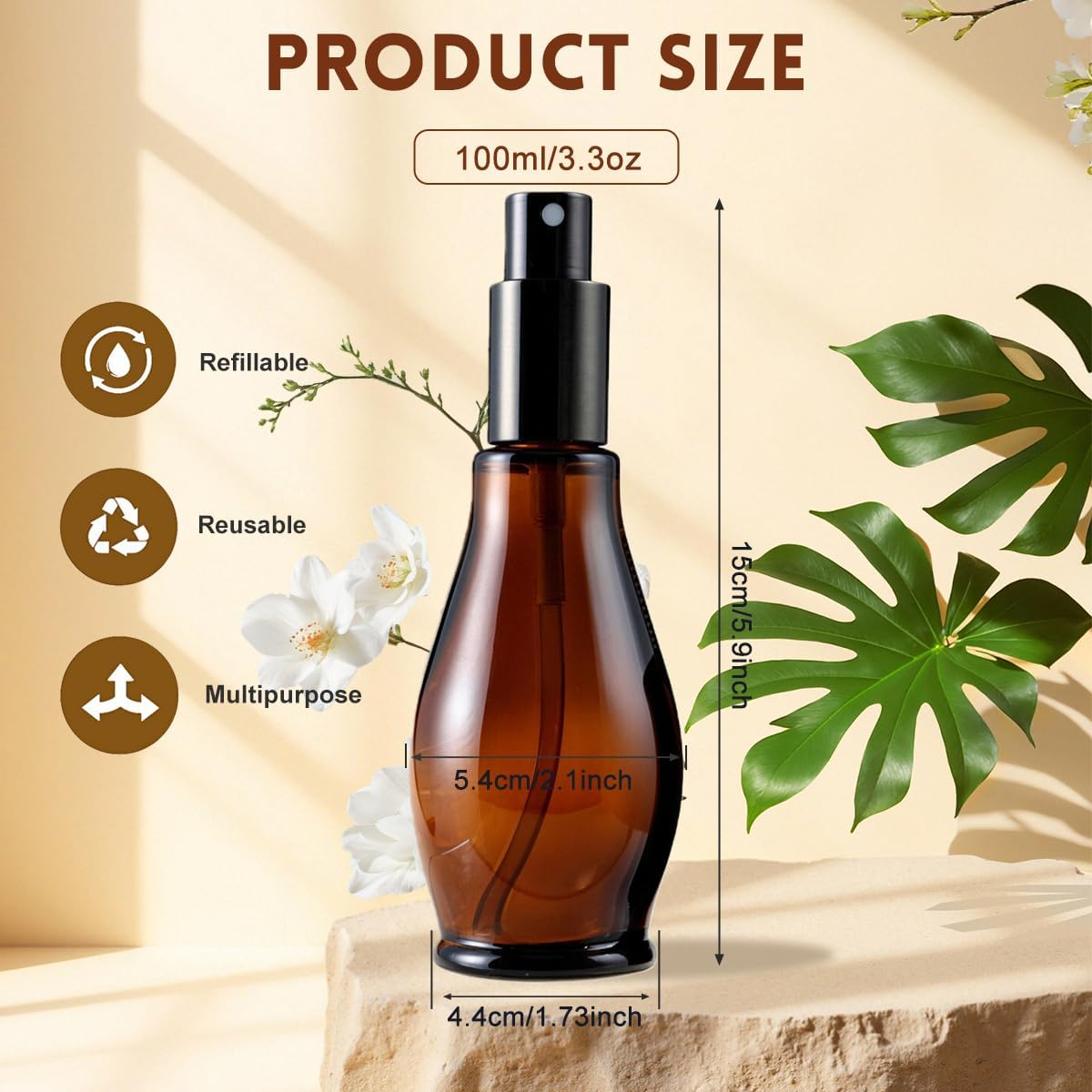 3 Pack Amber Glass Spray Bottles Refillable Fine Mist Spray Container with Black Atomizer and Cap for Essential Oil Perfume Aromatherapy Cosmetic image number 1