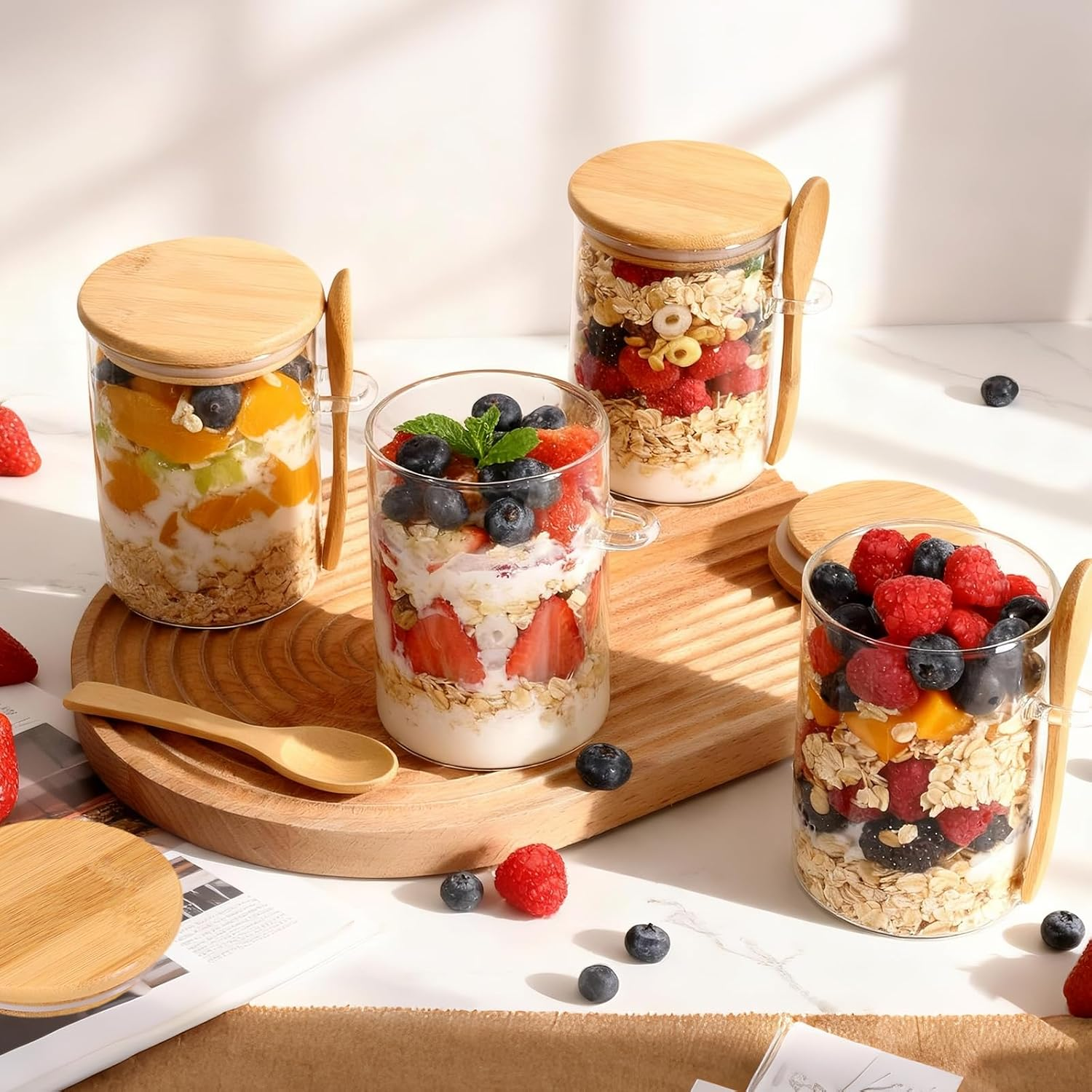 Feshory 4 Pack (500Ml /16.9Oz) Overnight Oats Containers with Lids and Spoons - Wide Mouth Glass Jar, Meal Prep Containers for Yogurt, Breakfast, Salad, Fruit, Chia Pudding (4X500Ml) image number 3