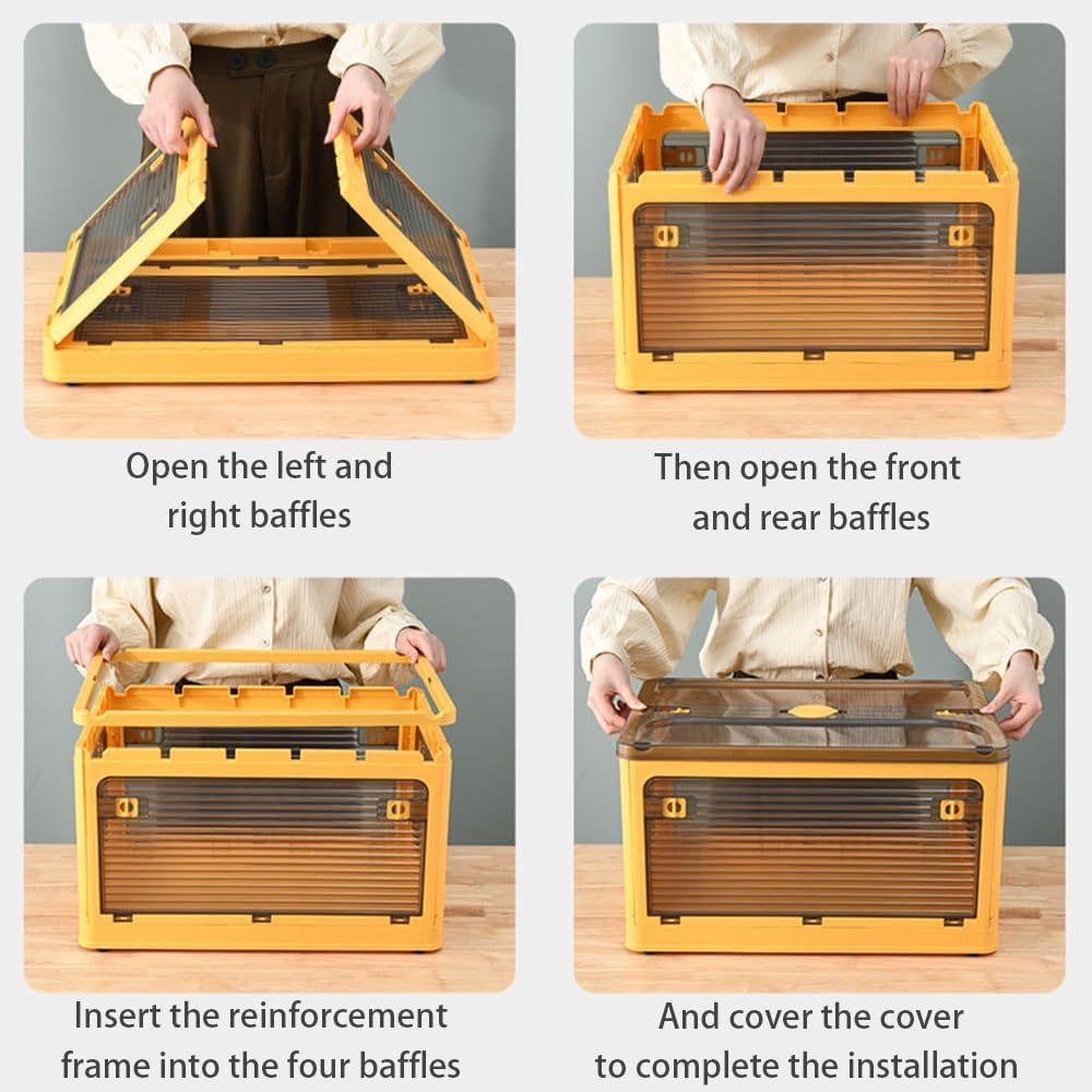 2 Pack Plastic 4 Doors Collapsible Storage Bins with Lid & Wheels Foldable Lidded Storage Containers with Handle Slots Multifunctional Stackable Folding Organizer Cube for Camping Clothes Toys, Yellow image number 1