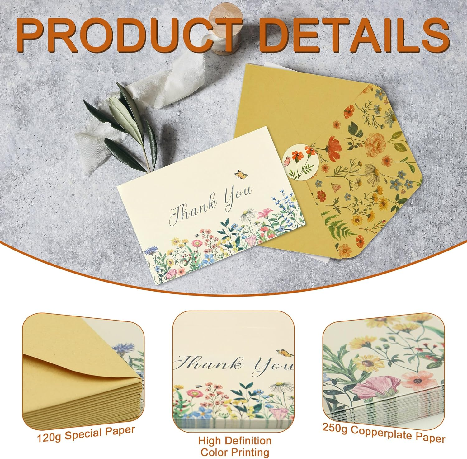 24 Pcs Floral Thank You Cards with Envelopes Bulk, YITOBA 4X6 Inch Butterfly Wildflower Thank You Cards with Seal Stickers for Small Business, Wedding, Graduation, Bridal Shower (Cartoon) image number 3