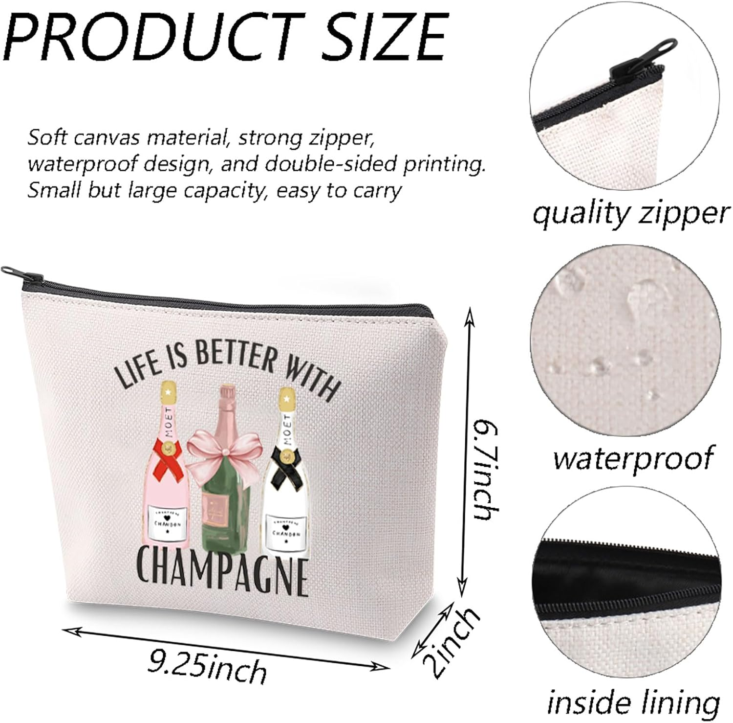 TGBJE Champagne Lover Gifts Life Is Better with Champagne Makeup Bag Girls Wine Trip Gift Bachelorette Party Zipper Pouch, Life Champagne Bag, All image number 1