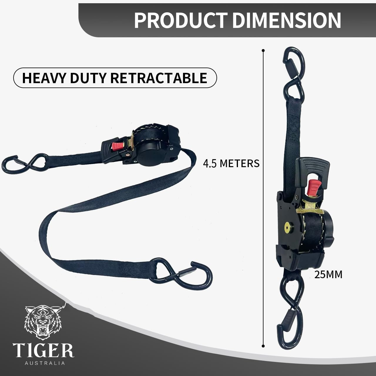 Tiger Australia Retractable Ratchet Straps 4 Pack &ndash; 25Mm X 4.5M Tie down Straps, 800KG Break Strength, with S-Hooks and Storage Bag, for Trailers, Utes, Boats, Moving image number 5