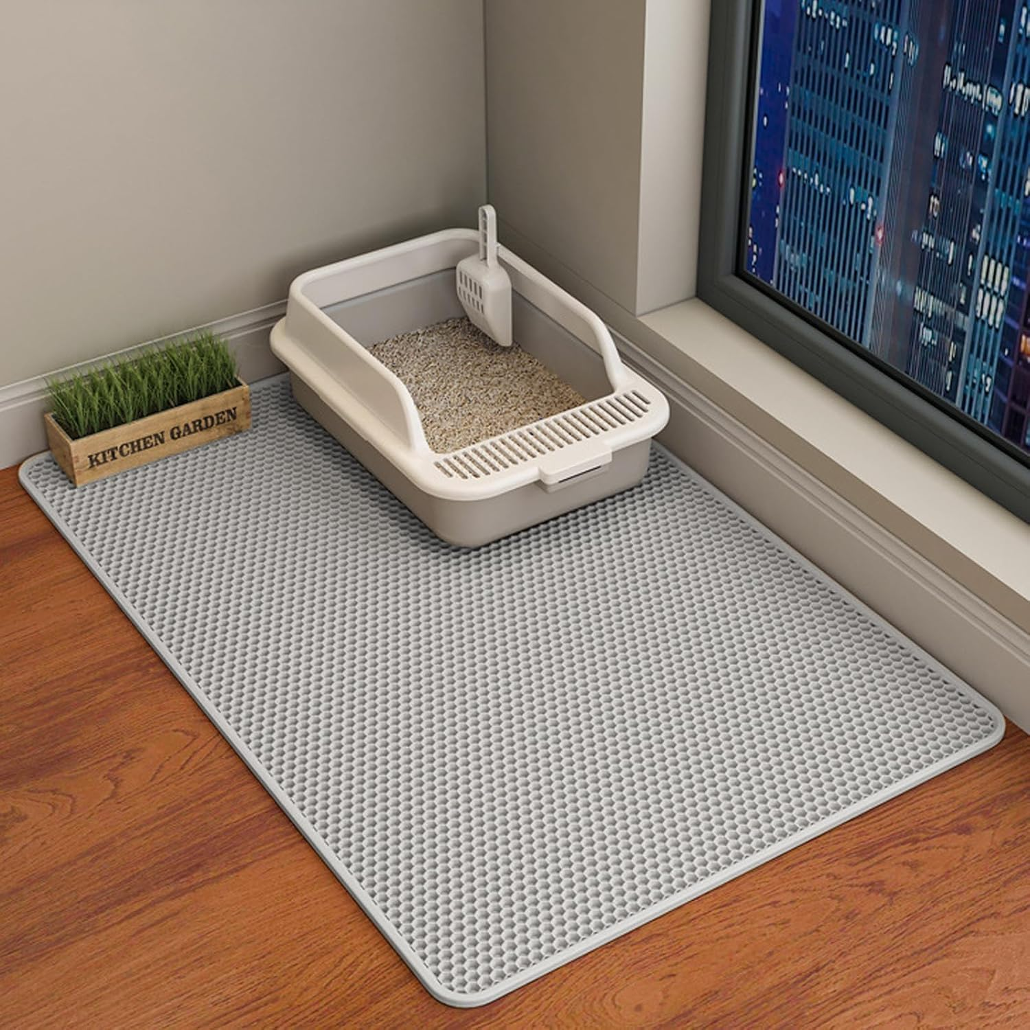 METOY Cat Litter Mat Large,35"X24" Litter Trapping Mat,Honeycomb Design for Scatter Control,Easy to Clean Litter Box Mat, Waterproof,Urine-Proof,Non-Slip Kitty Litter Mats for Floor (Khaki)