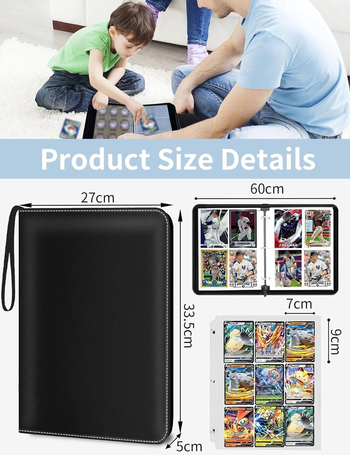 9 Pocket Card Binder, 900 Pockets Card Holder Folder Collector, Double Sided Pocket PU Card Collection Binder, Premium Zip Albums for MTG, TCG, Sports, Game Trading Cards (Green) - Blue image number 7