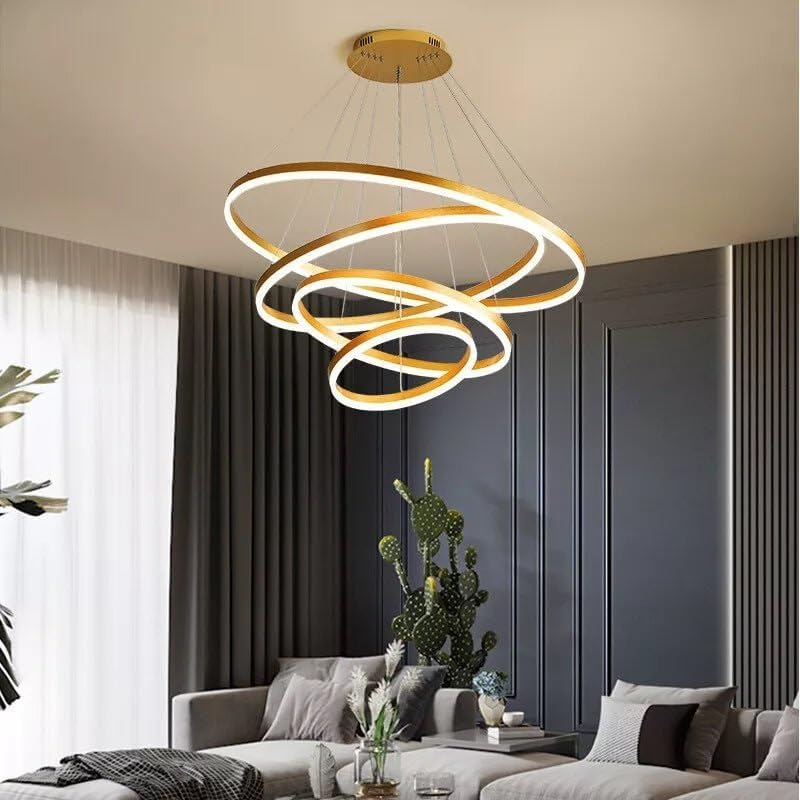 BAMDECOR Modern LED Chandelier, Dimmable Pendant Light with Remote Control Rings round Ceiling Lighting Fixture 3 Color Temperatures Contemporary Chandeliers (4 Rings-Gold)