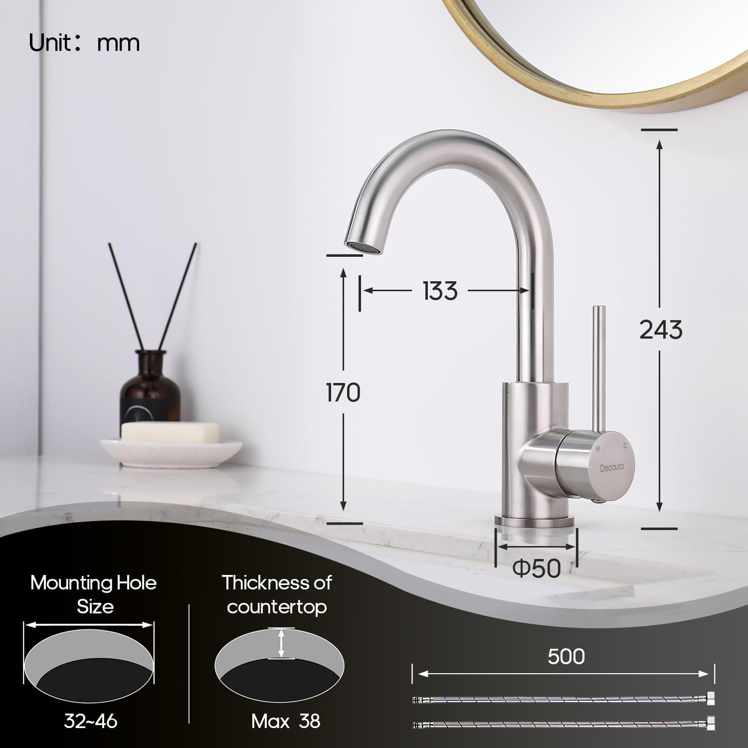 Decaura Lead-Free Bathroom Basin Mixer Tap with Swivel Spout, Stainless Steel RV Faucet, WELS Bar Tap (Brushed Nickel) - Chrome image number 2