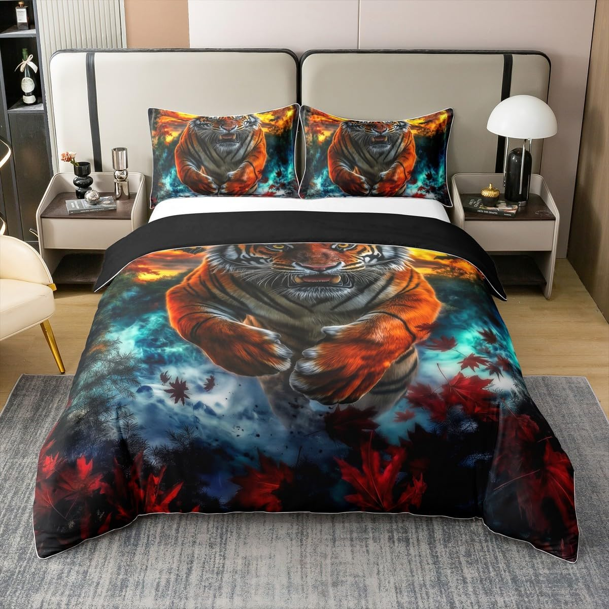 Tiger 100% Cotton Duvet Cover, Wild Animal Tiger Bed Linen Set, 155 X 220 Cm, Wild Animal Print Comforter Cover, Western Farm Red Maple Leaves Room Decor with 1 Pillowcase, Blue Orange Bed Set image number 5