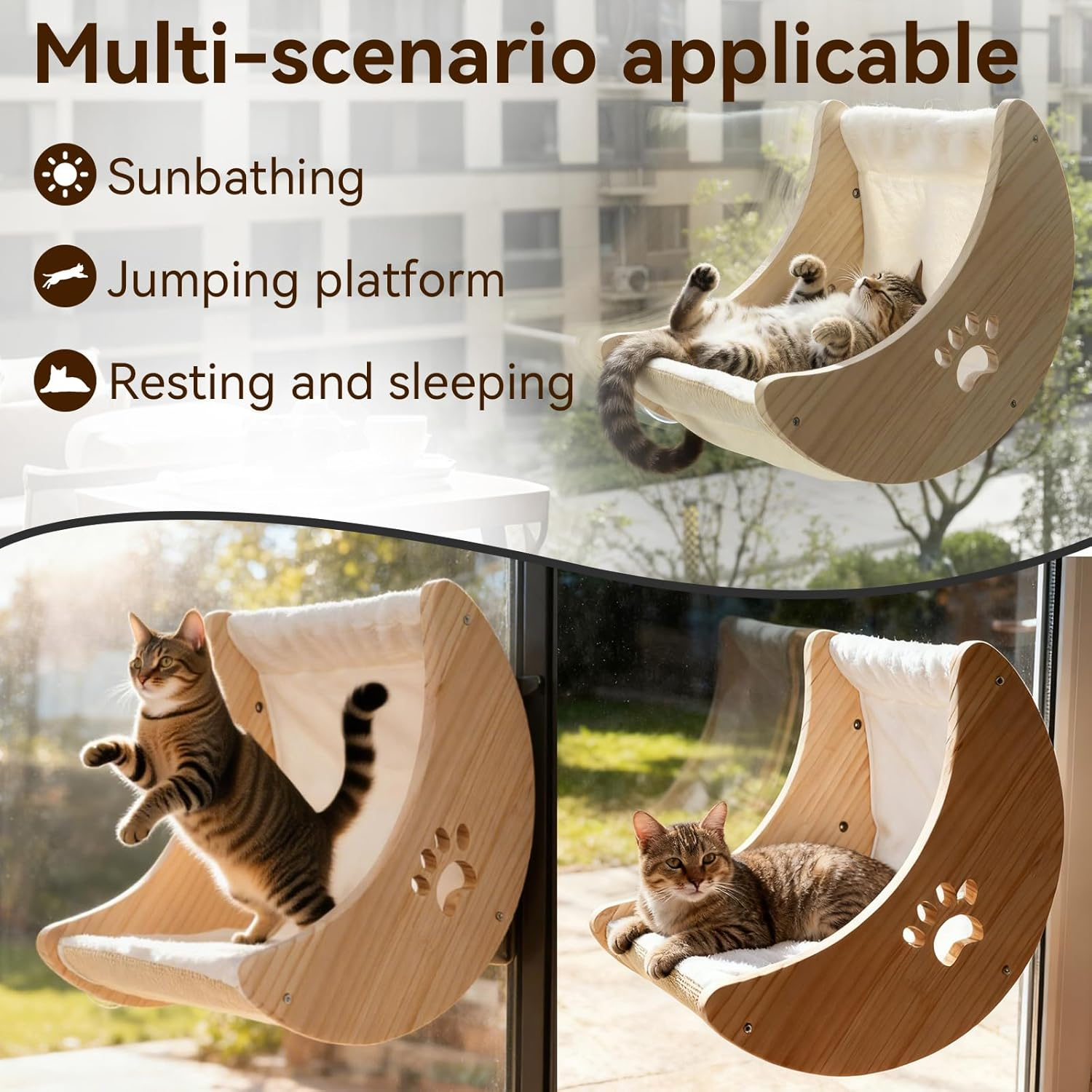 Cat Window Perch Hammock, Wooden Moon Cat Shelves with Strong Suction Cups for Indoor Cats Sleep Watch Birds, Soft Cover Mat