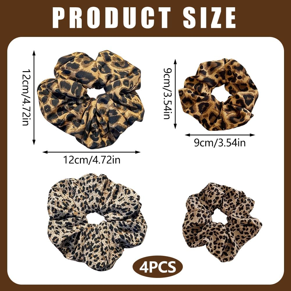 Pack of 4 Women'S Leopard Print Scrunchies Hair Scrunchies Extra Large Hair Bobbles for Thick Hair, Dark Light Leopard Print, Soft Loops for Everyday, Office, Party image number 1