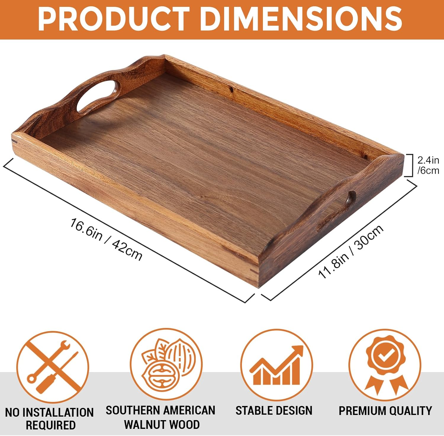 MOOKOMI Nature Walnut Wooden Serving Tray with Handles, Solid Wood Food Tray for Coffee, Breakfast, Dinner, Ottoman,16.6X11.8X2.4 Inches image number 1