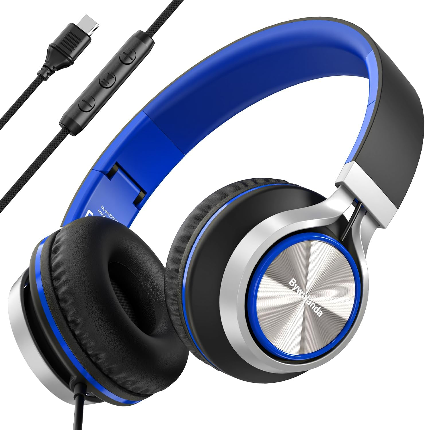 Bywulanda USB C Headphones with Mic and Volume Control, over Ear Stereo Headsets for Iphone 15 16 Pro, Wired Foldable Headphones for Smartphones Chromebook Laptop Tablets Travel (Black/Blue)