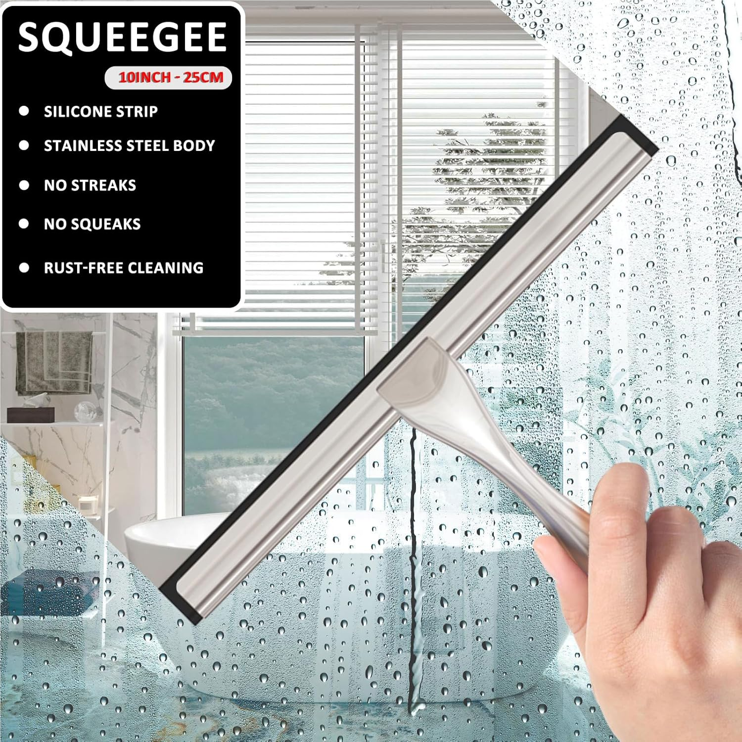 Rubber Blade Shower Squeegee for Glass Doors, Stainless Steel Squeegee with 2 Adhesive Hooks Replacement, Bathroom Window Squeegee for Home, Tile Wall, Mirrors Glass Wiper Cleaning Tool image number 2