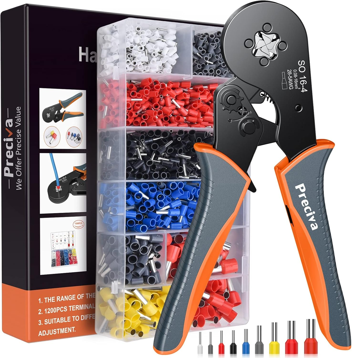 Bootlace Ferrule Crimping Tool, Preciva 0.08-16Mm&sup2;/Awg 28-5 Ferrule Crimper-Tool with 1200Pcs Ferrules, Self-Adjsutable Ratchet Wire Crimping-Tool,Wire Terminal Device Set image number 4