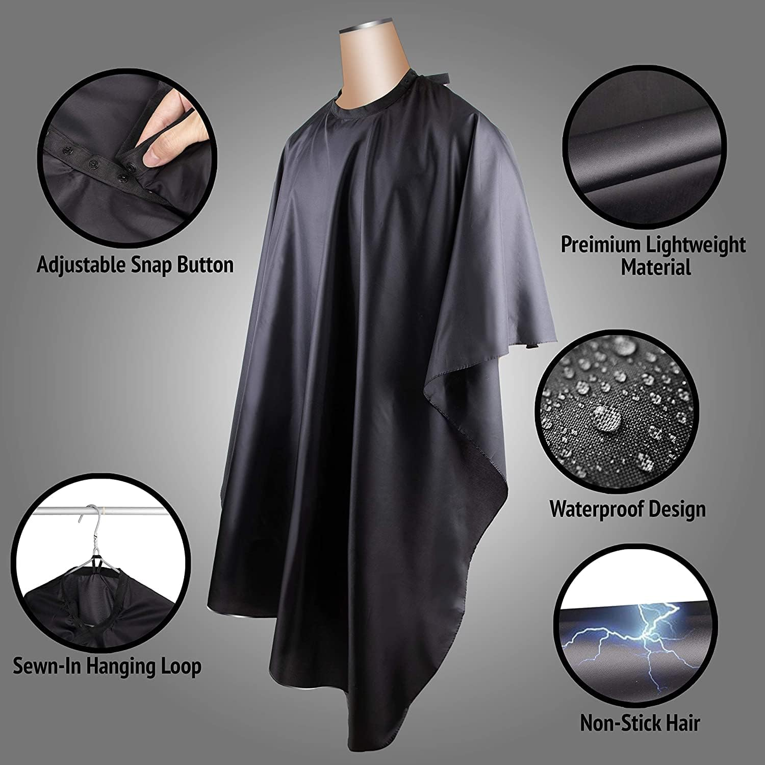 Delkinz Barber Cape with Adjustable Snap Closure Waterproof Hair Cutting Salon Cape for Unisex, Perfect for Hairstylists - Black image number 6