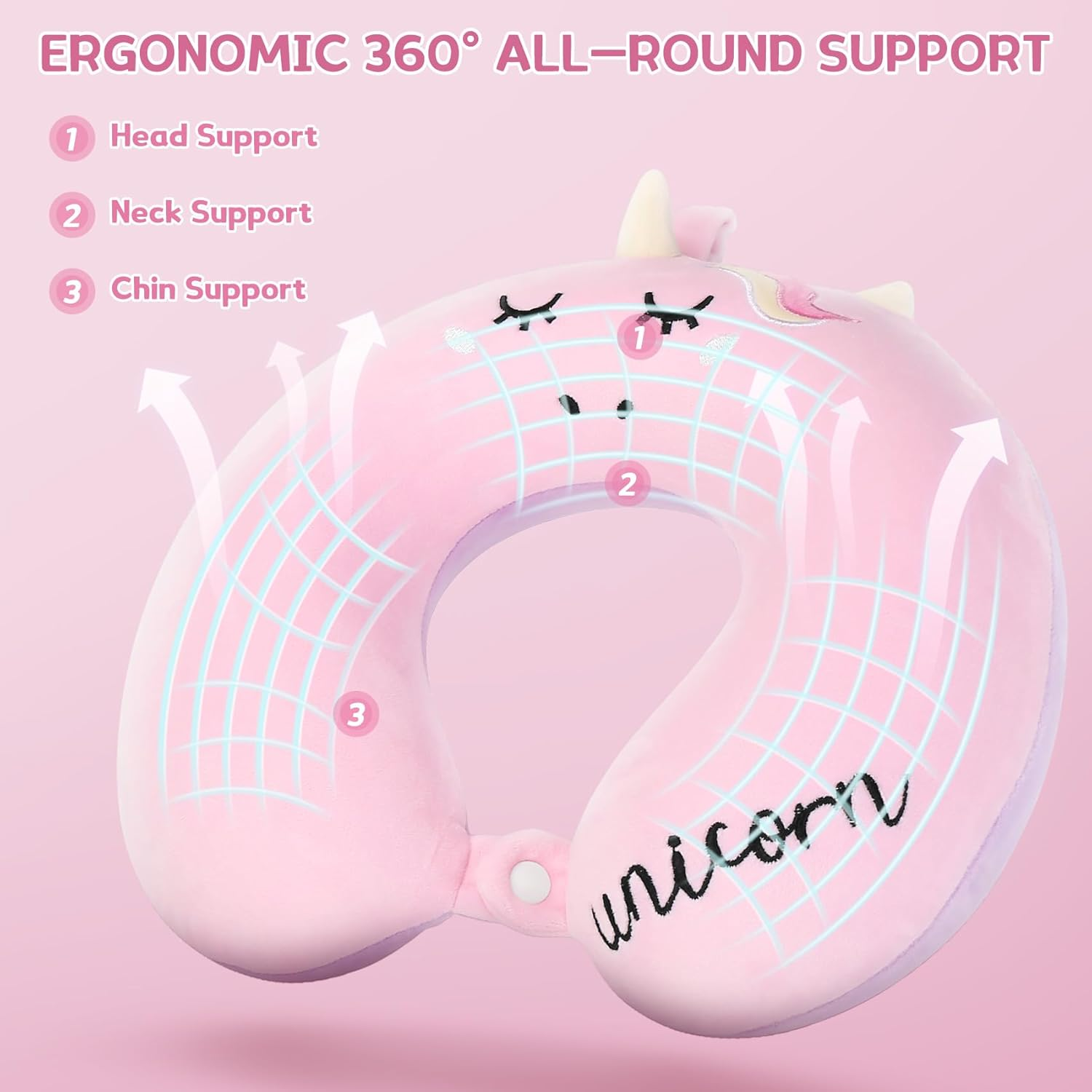Kids Travel Pillow,Unicorn Toddler Neck Pillow for Kids Traveling with Eye Mask,U-Shaped Airplane Flight Car Head Neck Support Memory Foam Pillow for Adults,Gifts for Children,Boys,Girls (Pink) image number 6