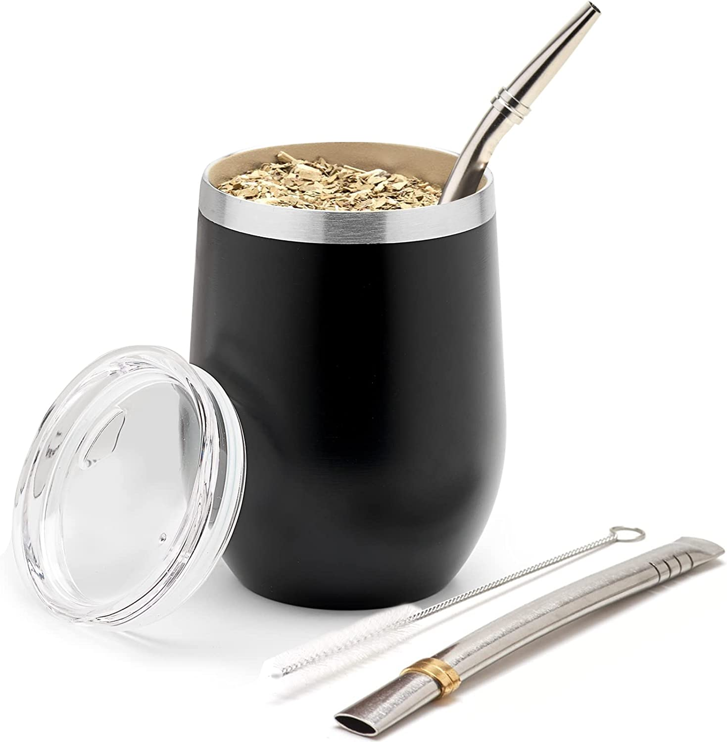 BALIBETOV Modern Mate Cup and Bombilla Set (Yerba Mate Cup) -Yerba Mate Set Includes Double Walled 18/8 Stainless Steel Mate Tea Cup, Two Bombilla Mate (Straw) and a Cleaning Brush (12 Oz, Wood)