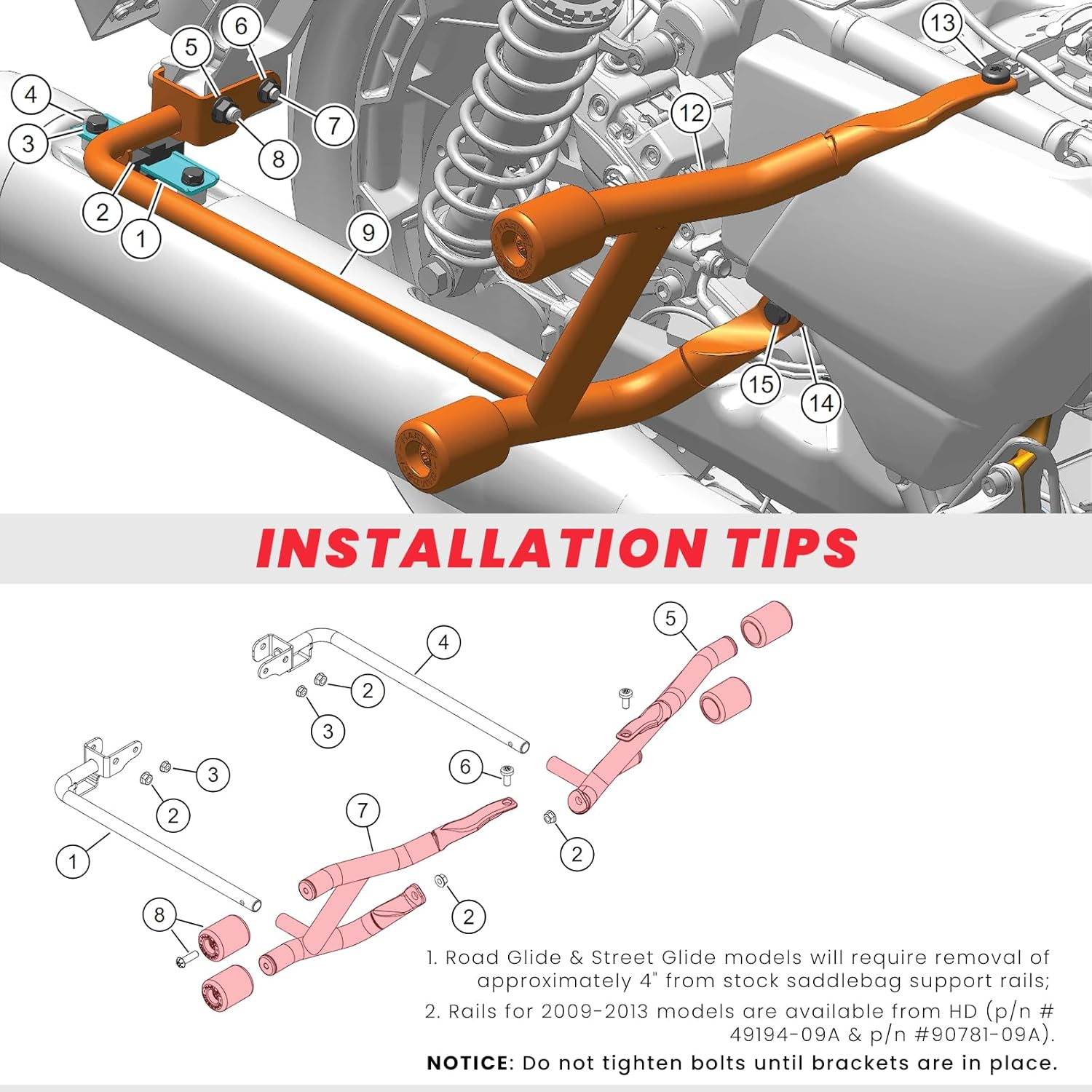 Saddlebag Guard Crash Bar Bracket Compatible with Harley Davidson Touring Street Glide Road Glide Road King Electra Glide Ultra Limited CVO Black Tip over Bar 2009-2025 image number 1
