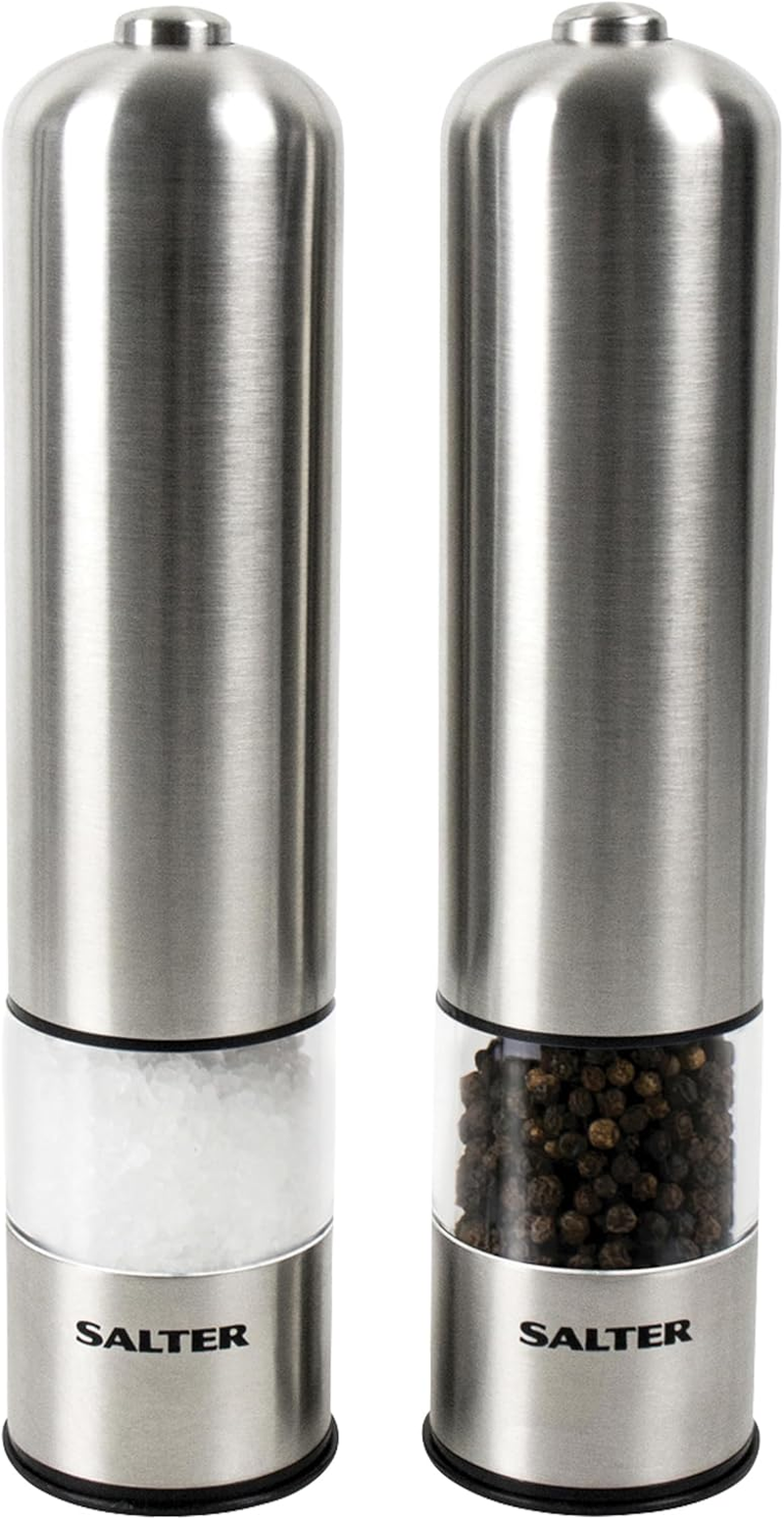 Salter 7722 SSTURA Electric Salt and Pepper Grinders - Stainless Steel Spice Grinders, Bpa-Free, Easy Refill, 60G Salt/30G Peppercorns, Adjustable Grinding, LED Light Base, One-Handed Operation image number 1