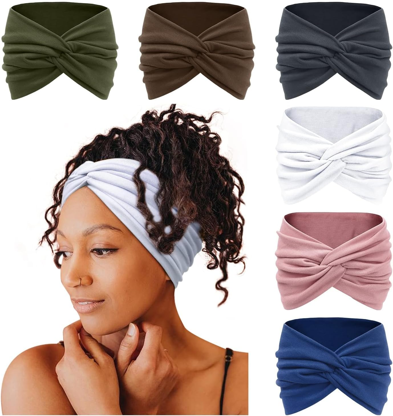 Sports Wide Headbands for Women,Extra Large Turban Non Slip Workout Headband Elastic Sweat Fabric Hair Scarf Sweatband Boho Hairband Hair Twisted Knot Running Yoga Accessories 6 Pack