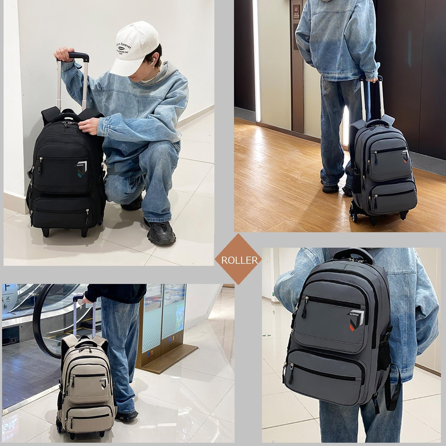 ETAISHOW Rolling Backpack for Boys Trolley Bookbag with Wheels for Adults Wheeled Luggage Laptop Backpack for Men - D 6 Wheels-Blue image number 7