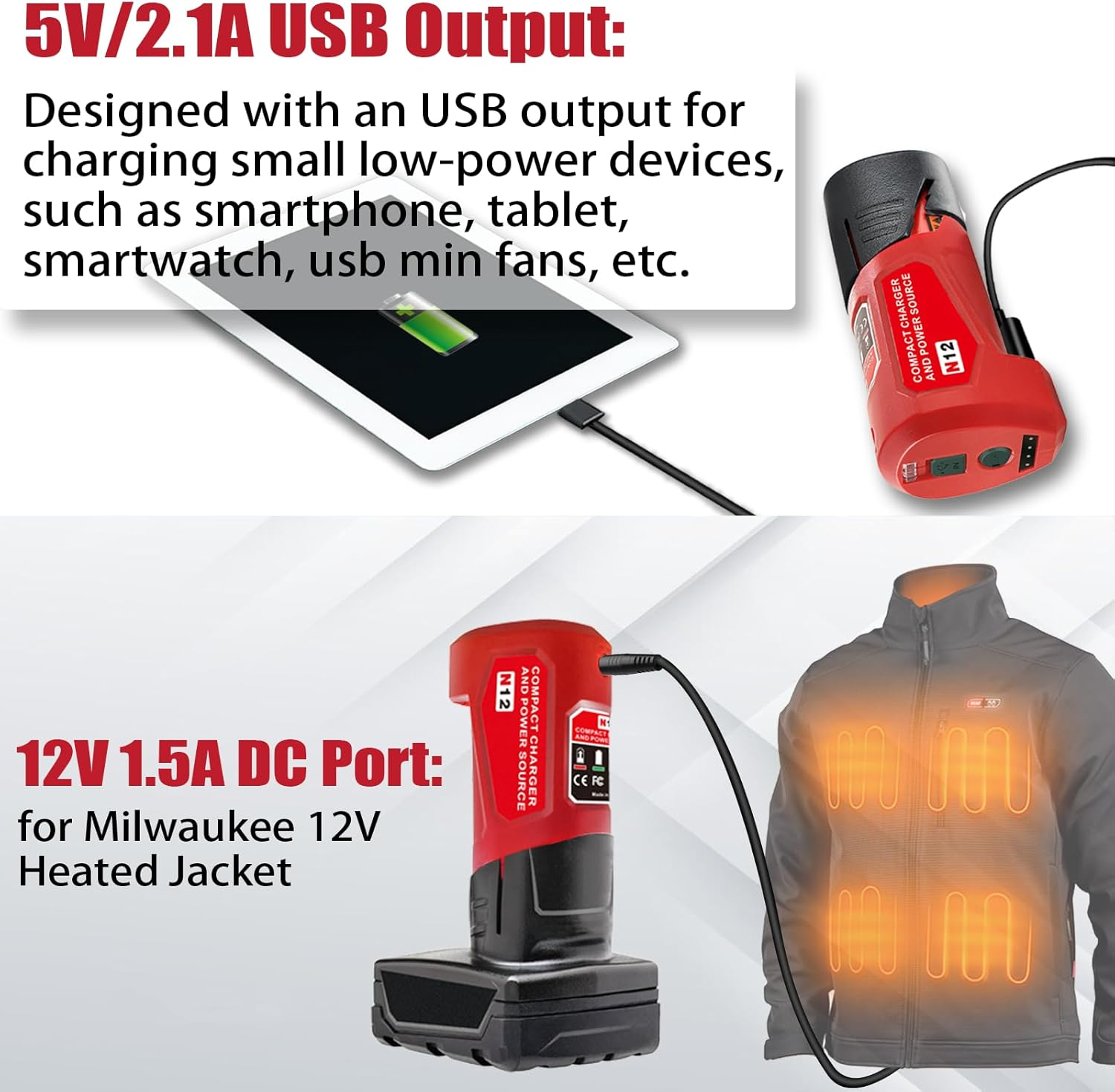 M12 12V USB Power Source Charger Adapter for Milwaukee M12 Lithium Battery, W/Type-C Input Charing Port, USB Output & DC 12 Volt Outlet for 12V Heated Jacket, Replace 48-59-1201 49-24-2310 image number 4