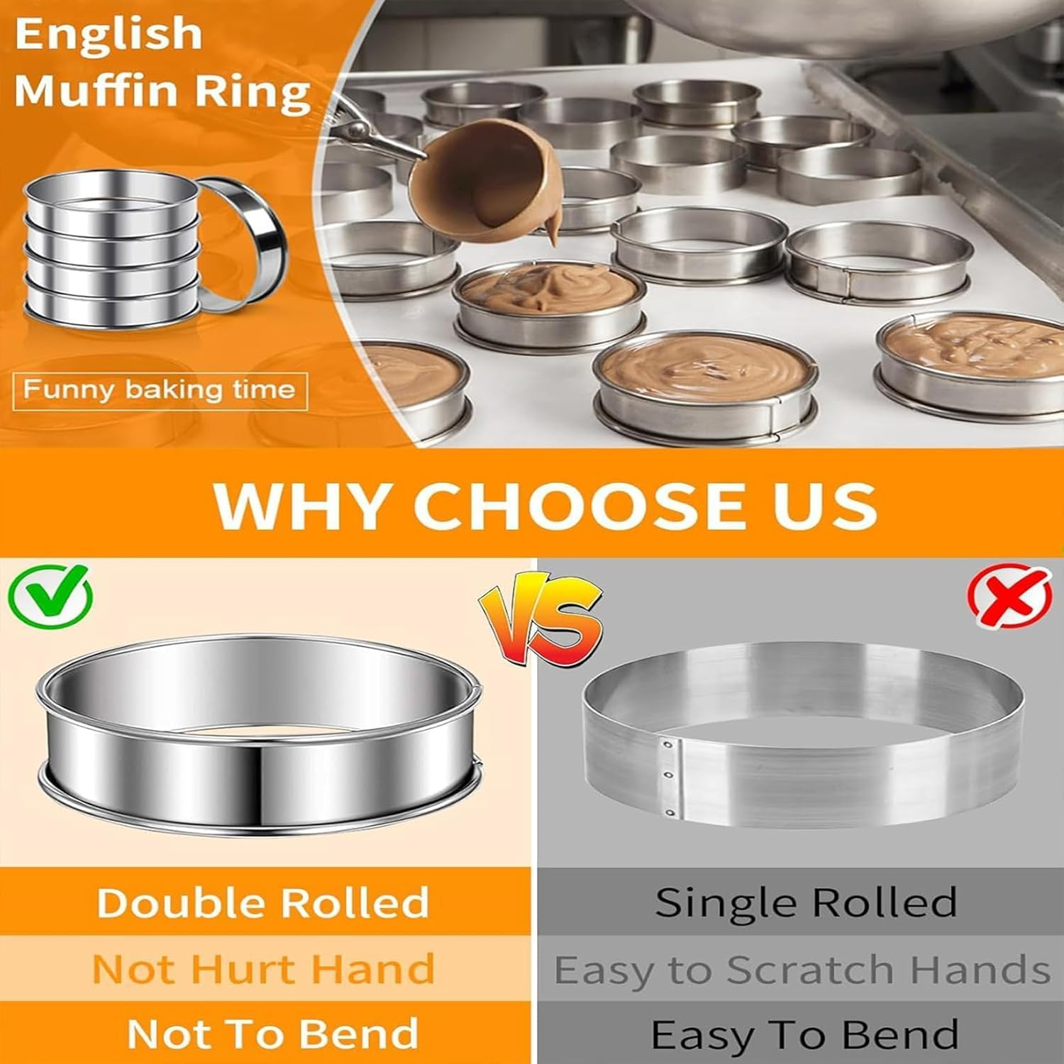 Crumpet Rings, 6Pcs Stainless Steel 4 Inch English Muffin Ring, Double Rolled Tart Rings for Baking Fluffy Muffins, Eggs, Pancakes, Home Baking Eggs Pancakes Pastry image number 3