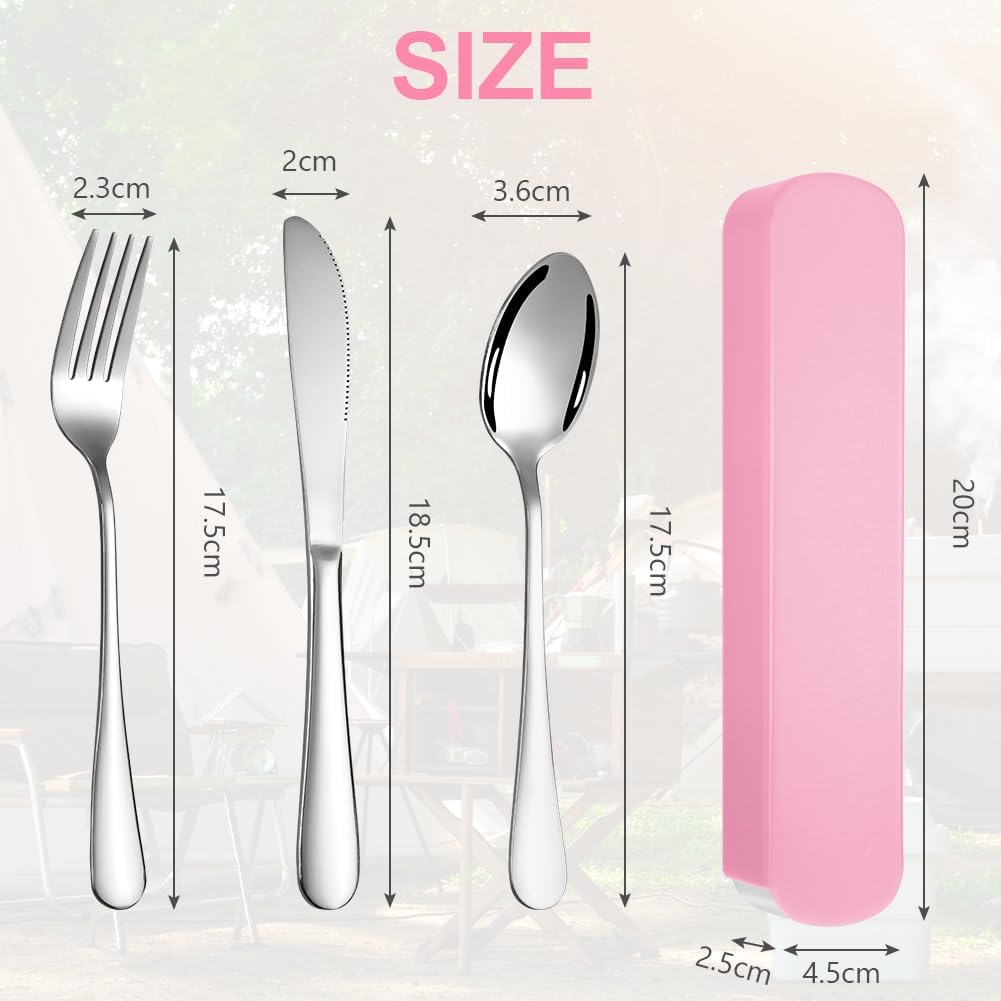 HOTUT Camping Cutlery Set, 3 Pieces Reusable Utensils Set, Portable Stainless Steel Cutlery with Plastic Box, Portable Kitchenware for Outdoor Travel Picnic Office School Lunch Box - Pink image number 2
