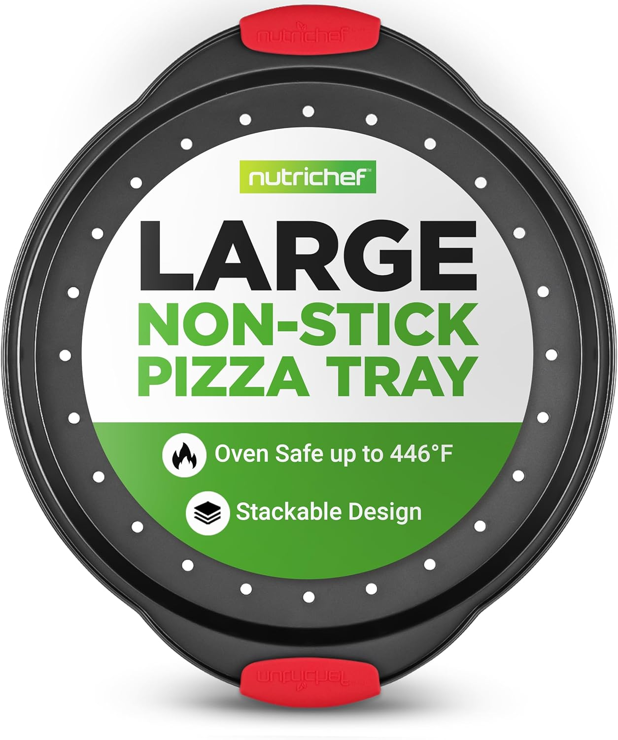 Nutrichef 13-Inch Nonstick Pizza Tray - round Carbon Steel Non-Stick Pizza Baking Pan with Perforated Holes, Premium Bakeware Pizza Screen with Silicone Grip Handles, Dishwasher Safe - Blue