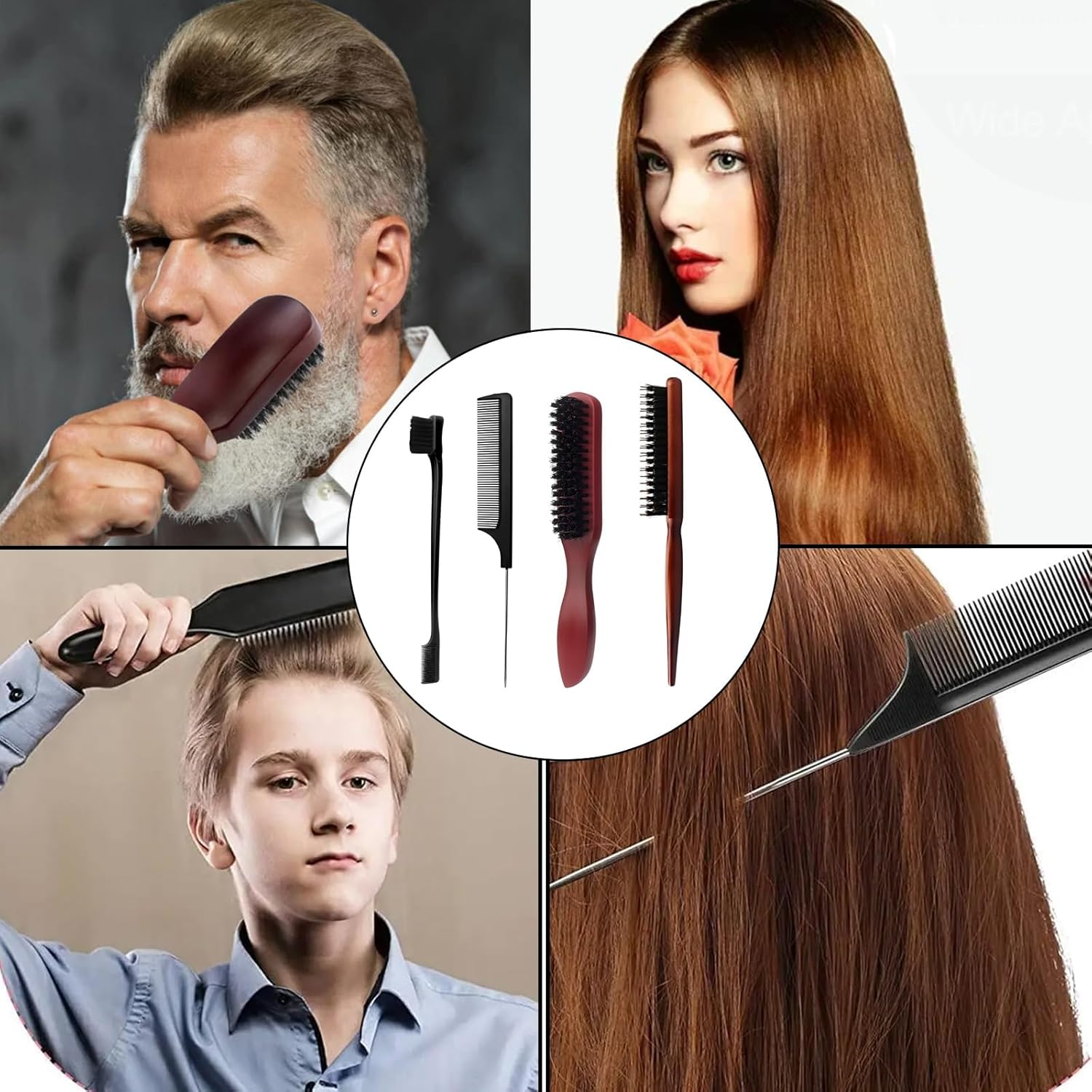 Slick Back Brush Set, Hair Brush for Slicking Back Hair Black Bristle Brush Hair Bristle Brush Hair for Damaged Hair Teasing Hair Slicking Brushing Combing Styling Improve Hair Texture image number 3