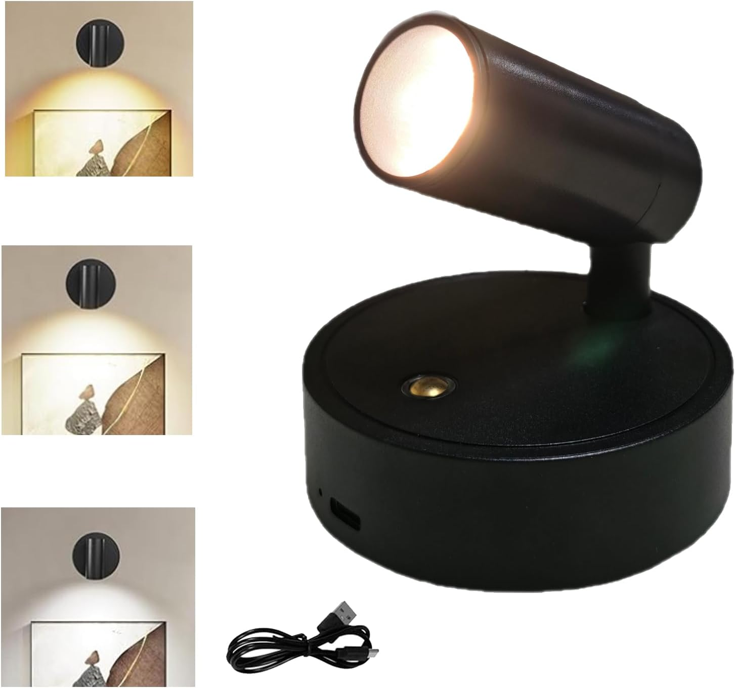 Spot Lights Indoor, Rechargeable Plant Spotlight Indoor, 350&deg; Rotate Wireless LED Uplighting, Battery Powered Ceiling Spotlight for Artwork Painting Tree Plant Picture Lights Wall Light (Black)