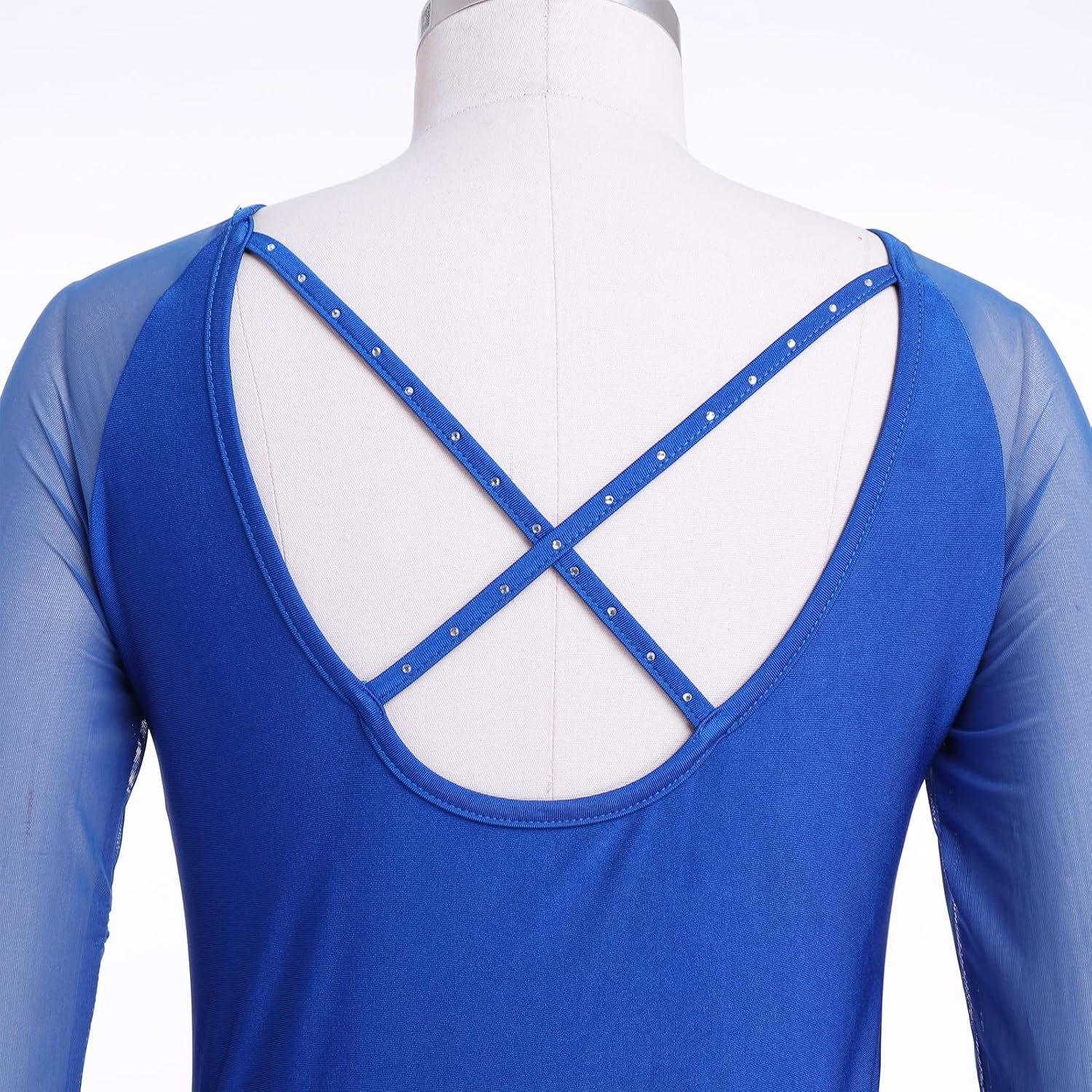 ODASDO Figure Skating Dress for Women Mesh Long Sleeve Criss Cross Back Sequin Bead Chiffon Skirted Leotard Dancewear image number 4