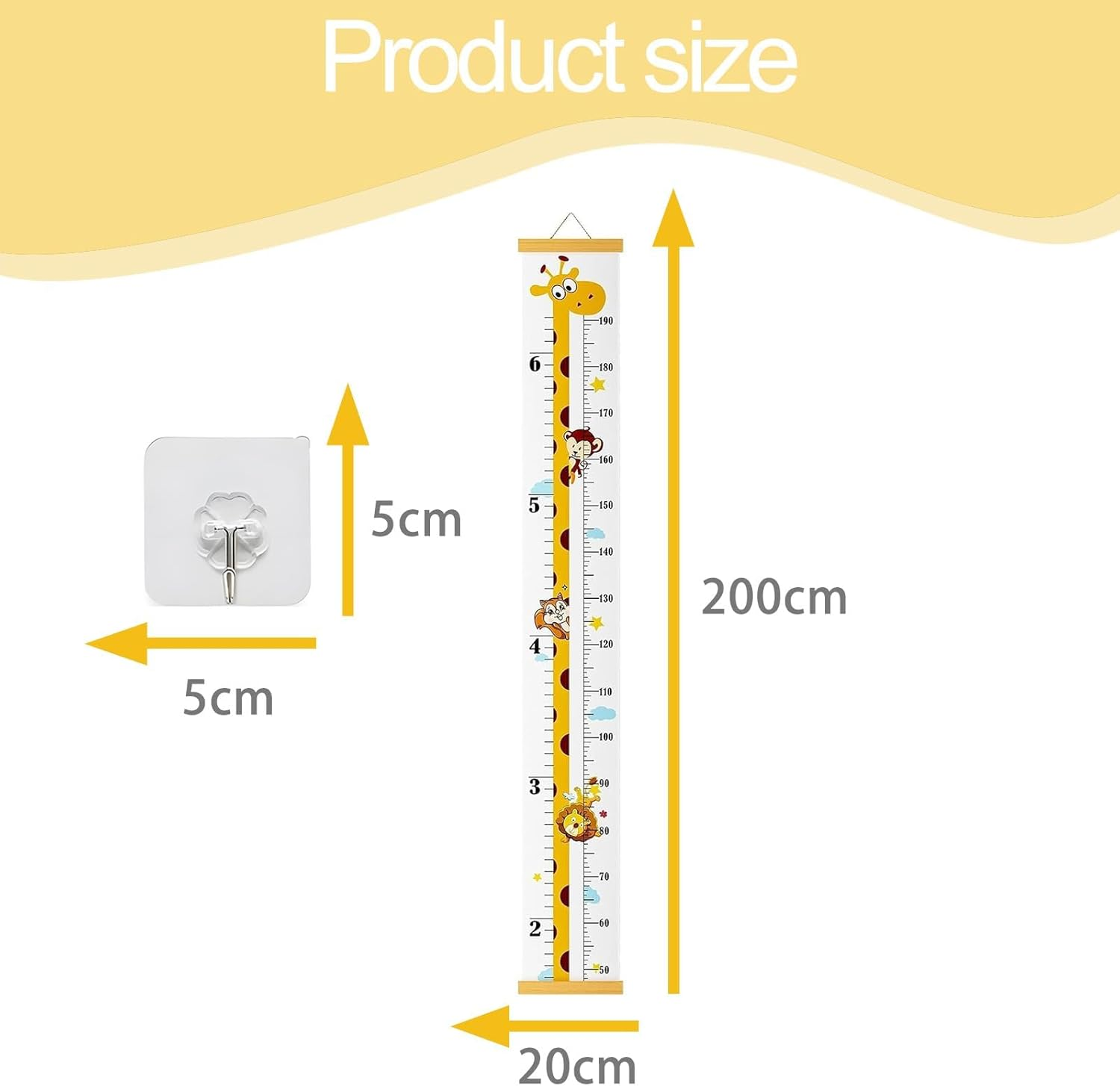 Giraffe Height Chart, Growth Measurement Device Fun Height Measure Tool with Hook Children Teenager Growth Record Cartoon Giraffe, for Bedroom Nursery Wall Decoration